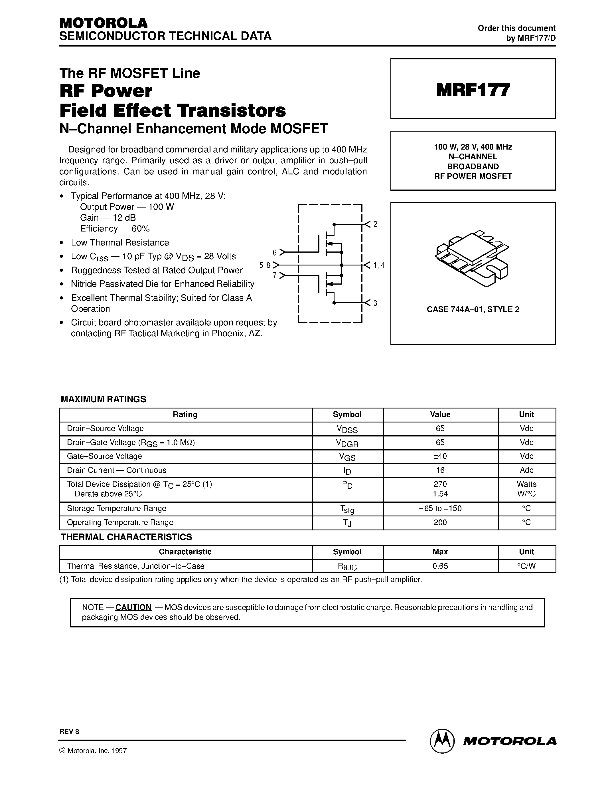 Datasheet MRF177 - N-CHANNEL BROADBAND RF POWER MOSFET page 1