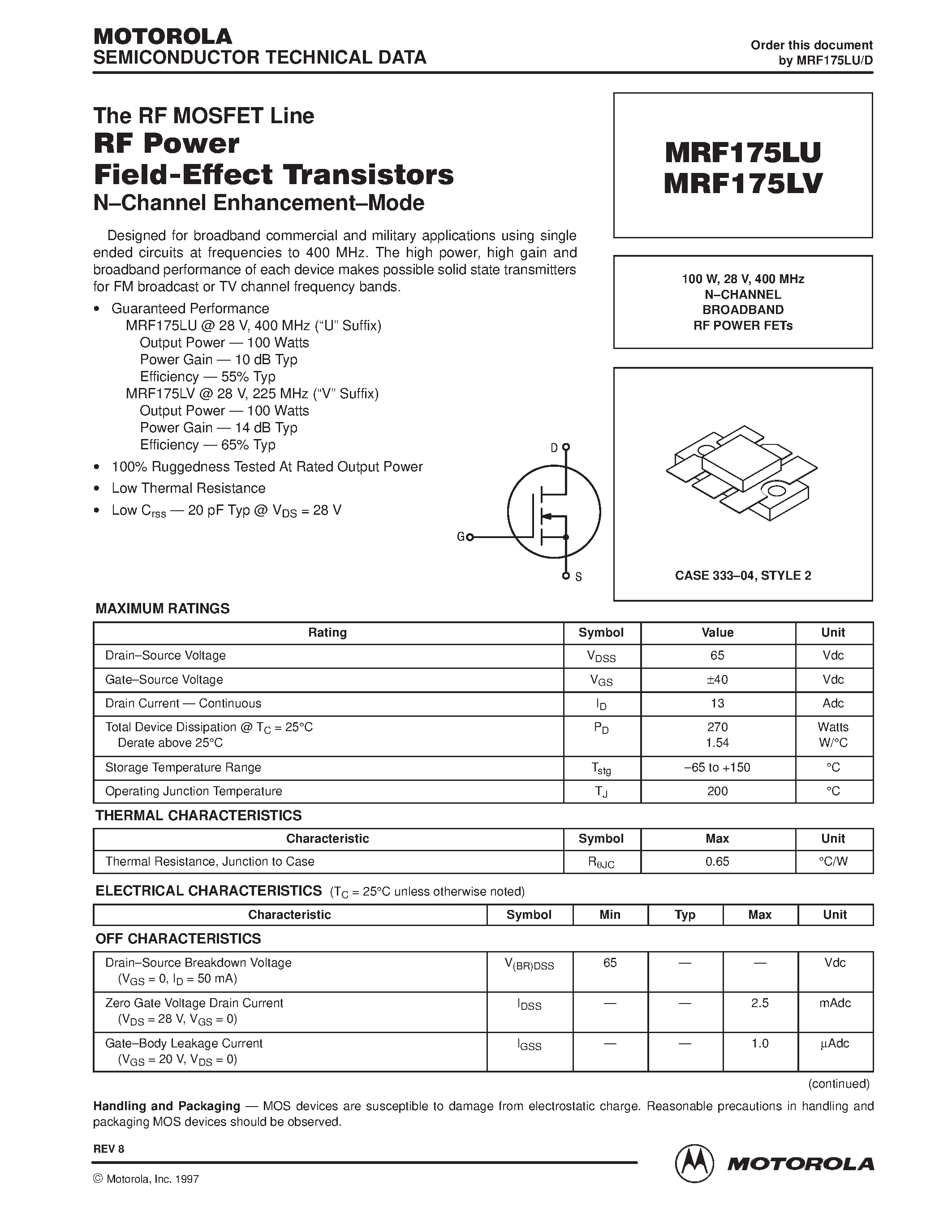 Datasheet MRF175LU - (MRF175LU/LV) N-CHANNEL BROADBAND RF POWER FETs page 1