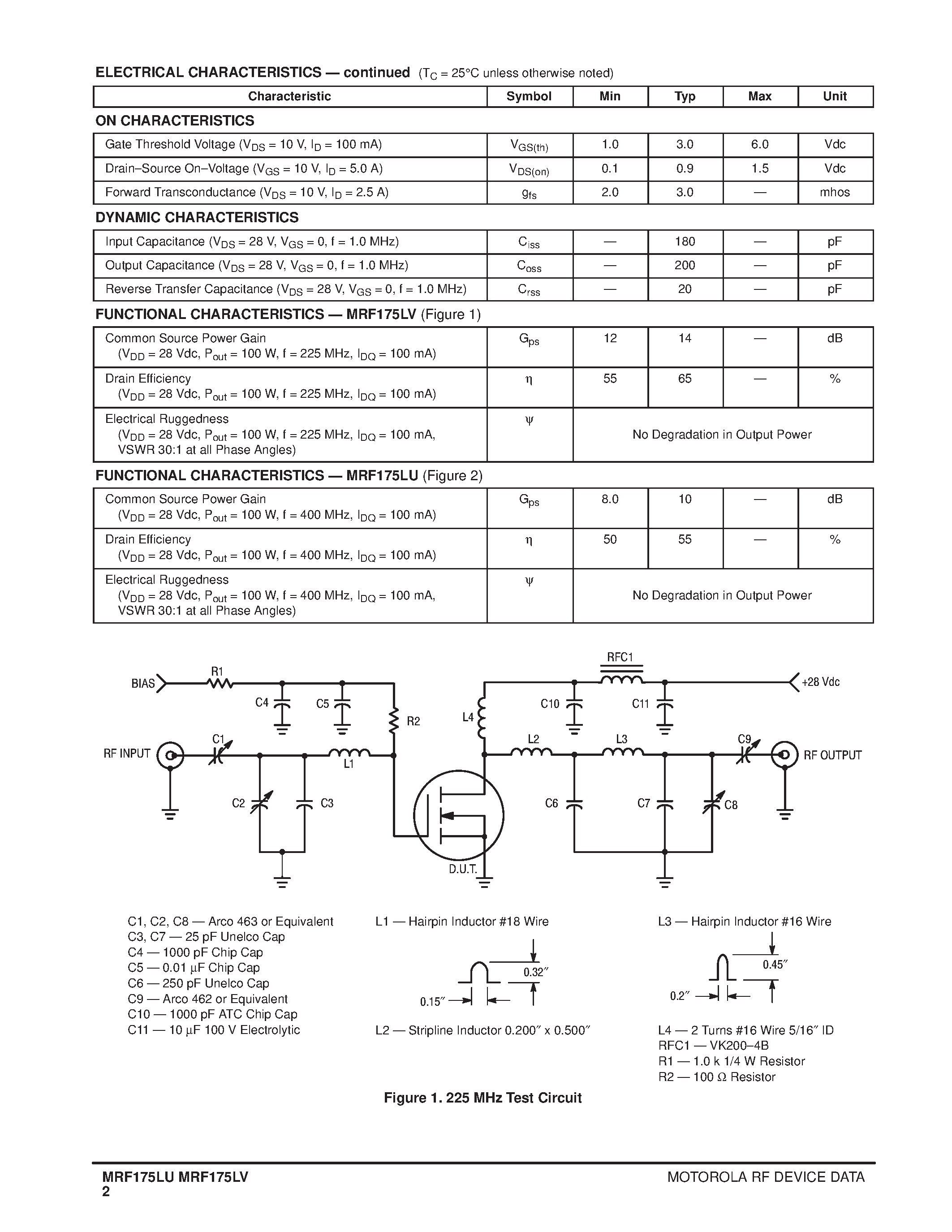 Datasheet MRF175LU - (MRF175LU/LV) N-CHANNEL BROADBAND RF POWER FETs page 2