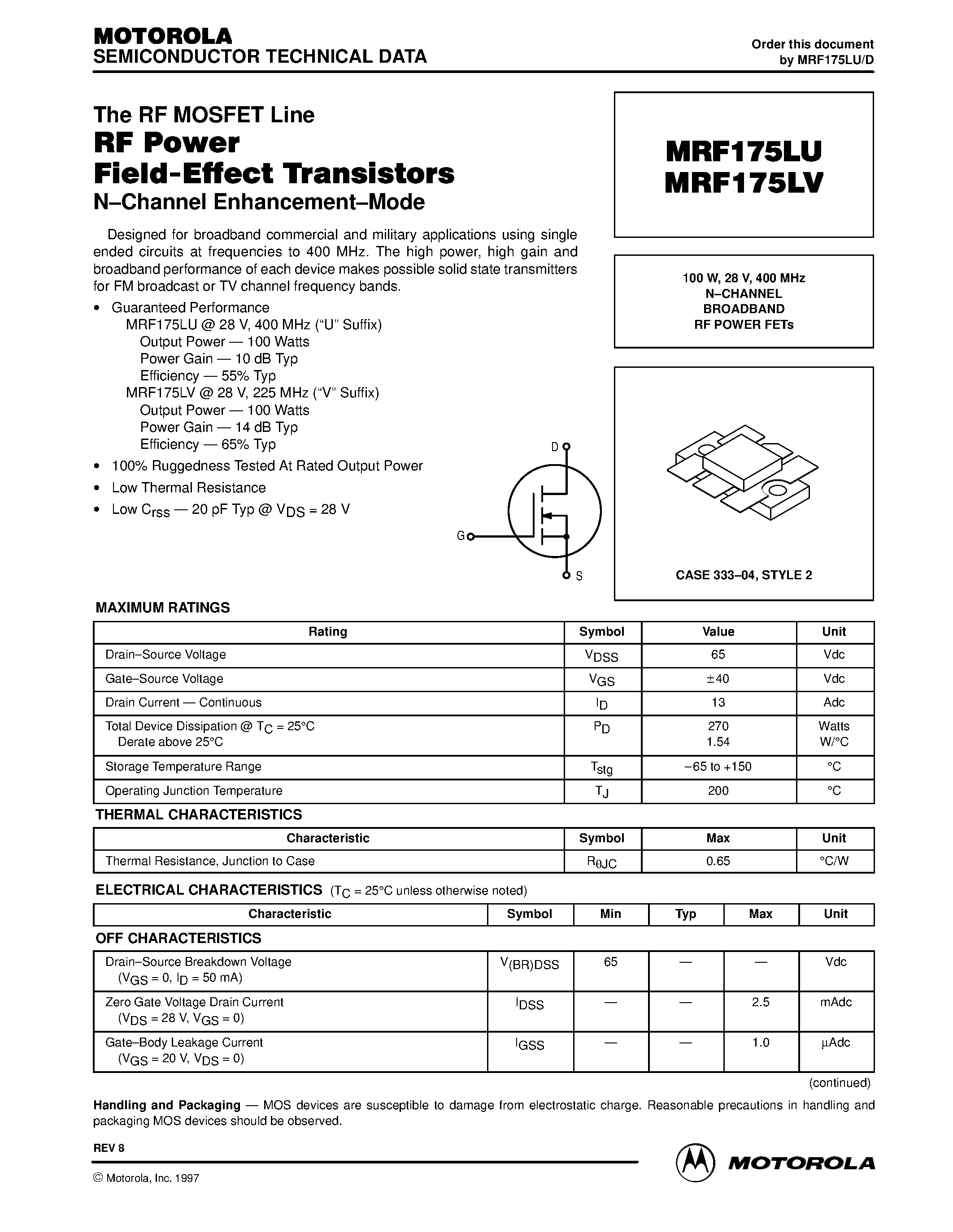 Datasheet MRF175LU - (MRF175LU/LV) N-CHANNEL BROADBAND RF POWER FETs page 1
