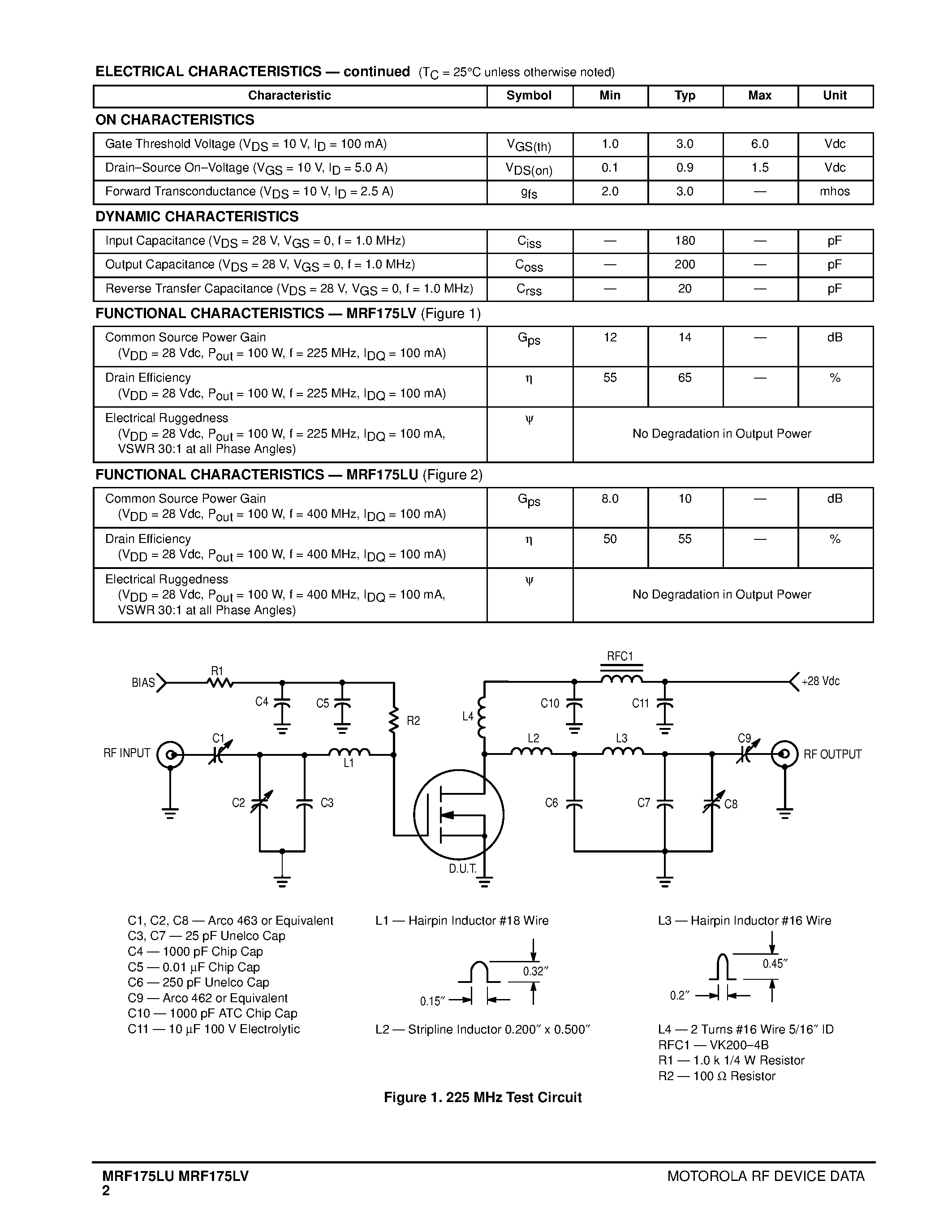 Datasheet MRF175LU - (MRF175LU/LV) N-CHANNEL BROADBAND RF POWER FETs page 2