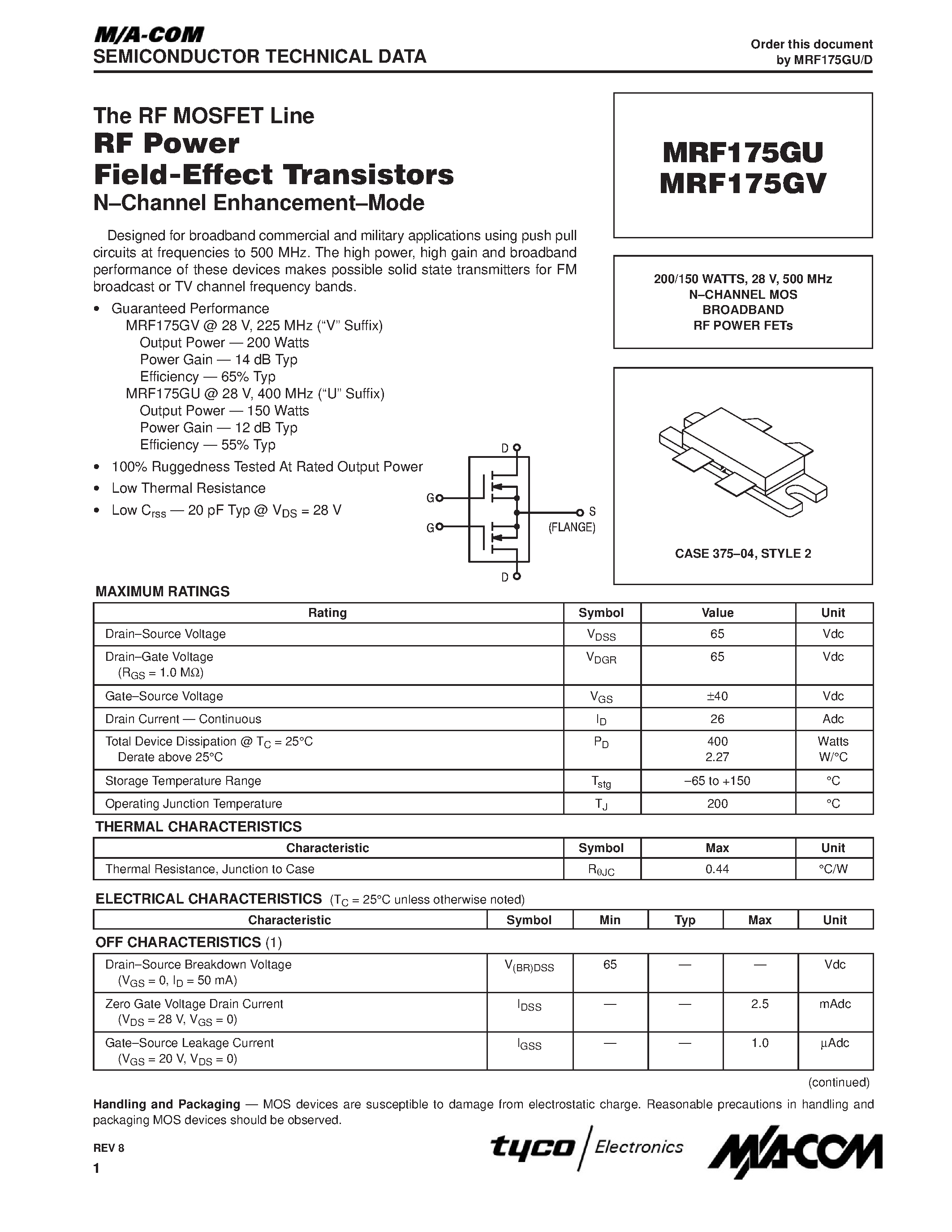 Datasheet MRF175GU - (MRF175GU/GV) N-CHANNEL MOS BROADBAND RF POWER FETs page 1