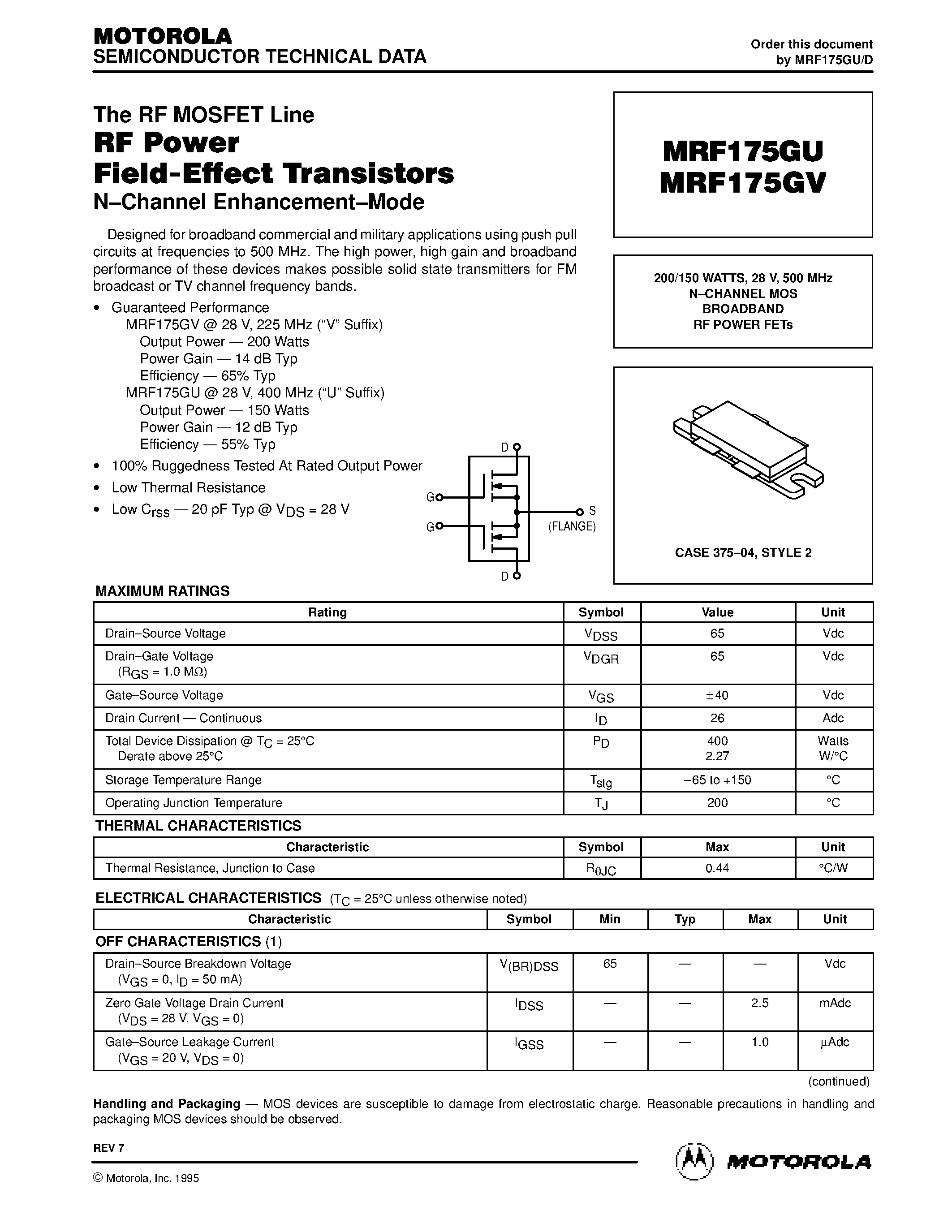 Datasheet MRF175GU - (MRF175GU/GV) N-CHANNEL MOS BROADBAND RF POWER FETs page 1