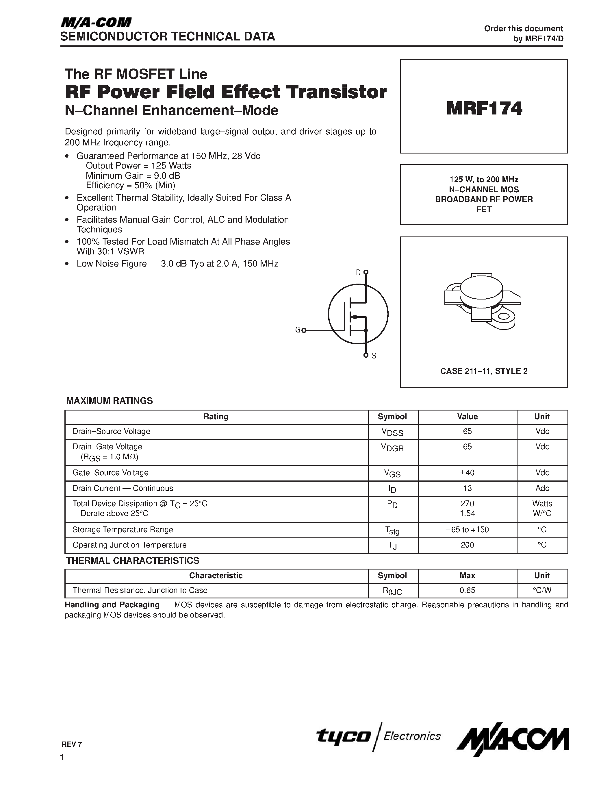 Datasheet MRF174 - N-CHANNEL MOS BROADBAND RF POWER FET page 1