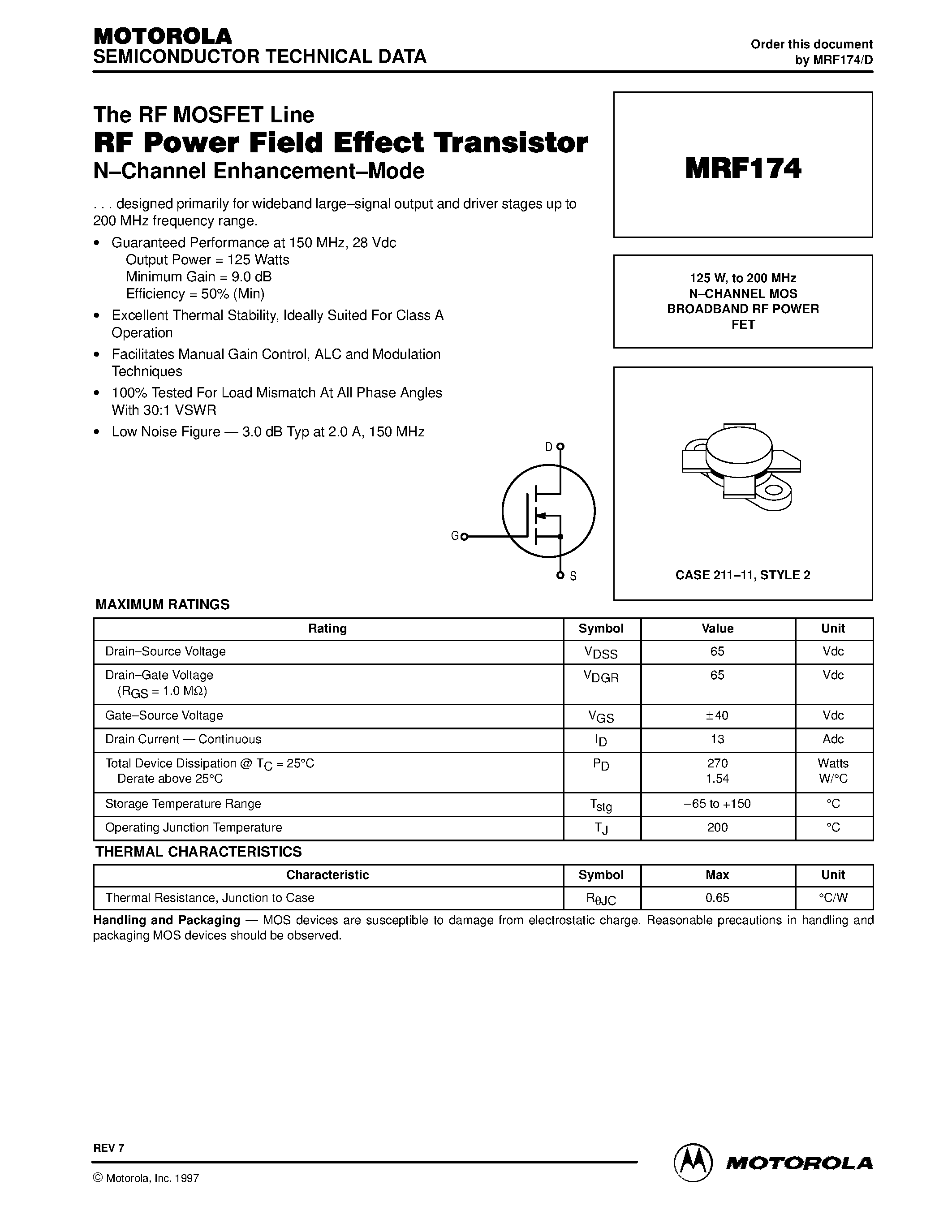 Datasheet MRF174 - N-CHANNEL MOS BROADBAND RF POWER FET page 1