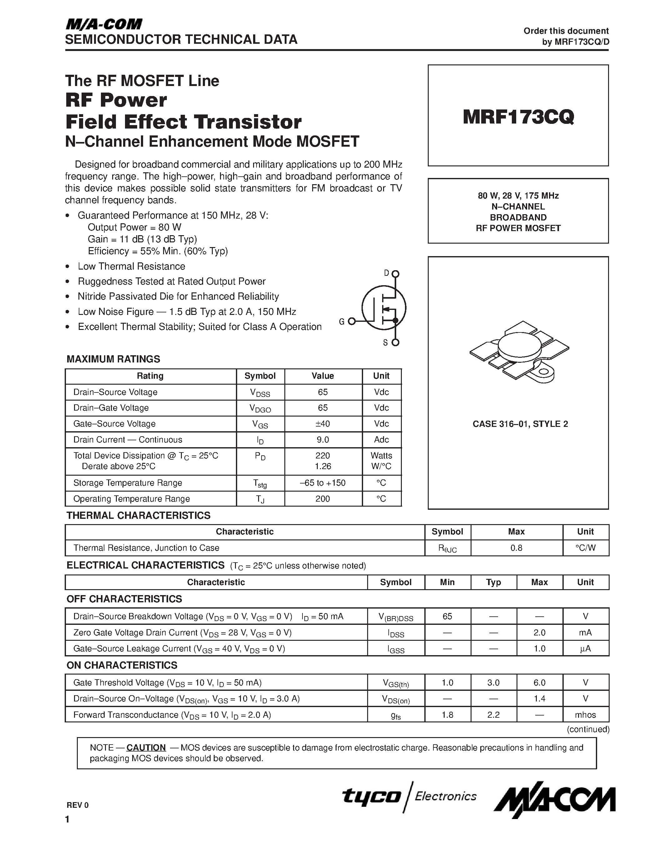 Datasheet MRF173CQ - N-CHANNEL BROADBAND RF POWER MOSFET page 1