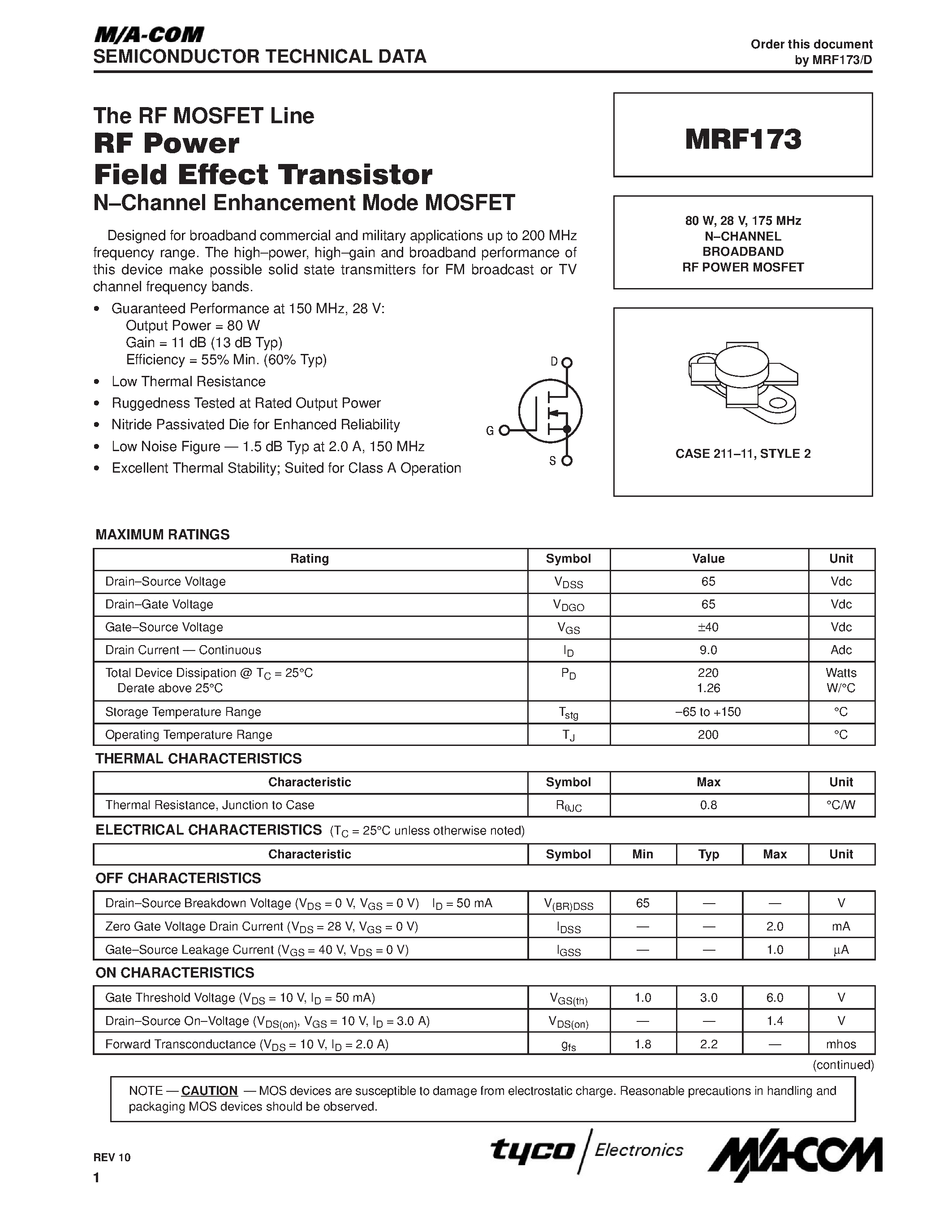 Datasheet MRF173 - N-CHANNEL BROADBAND RF POWER MOSFET page 1