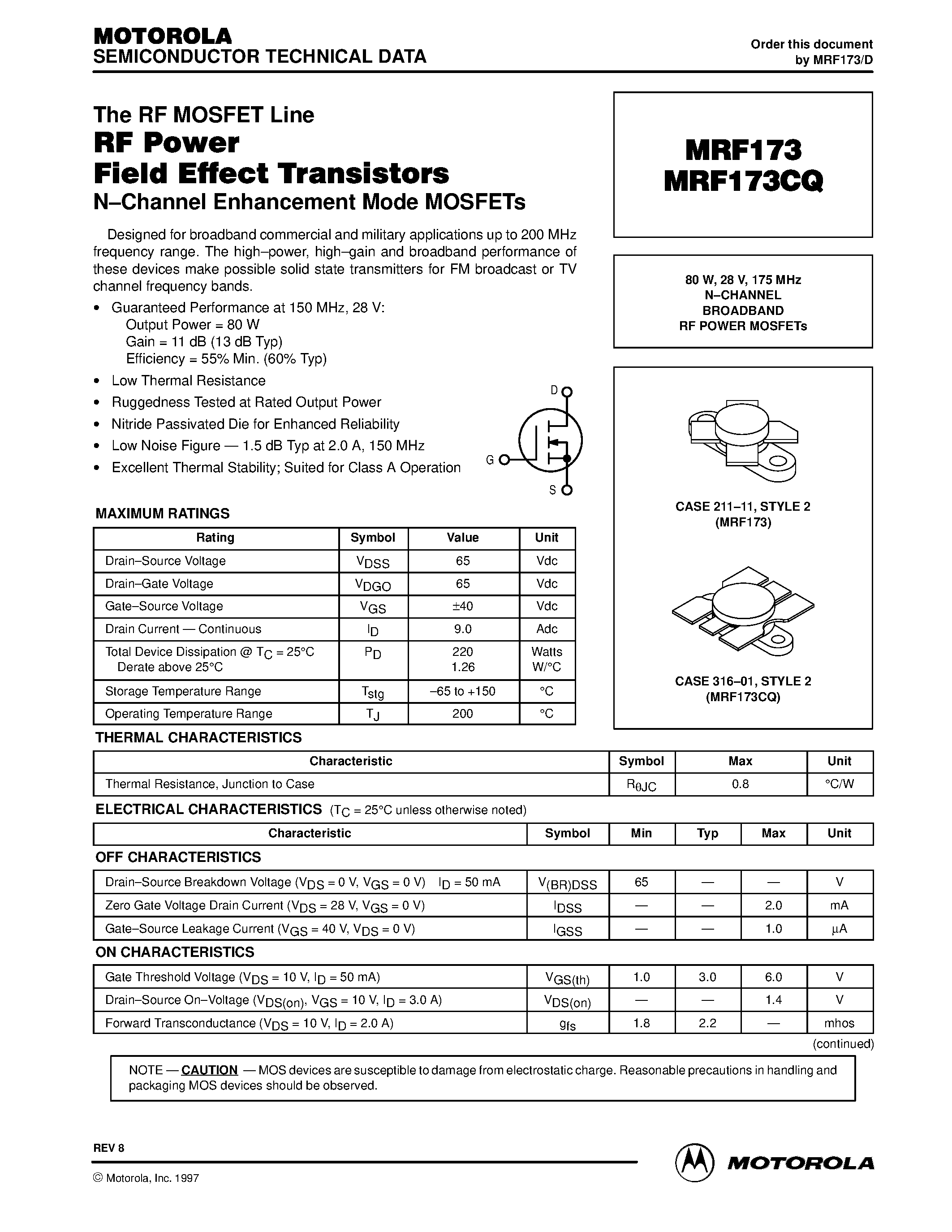 Datasheet MRF173 - (MRF173/CQ) N-CHANNEL BROADBAND RF POWER MOSFETs page 1