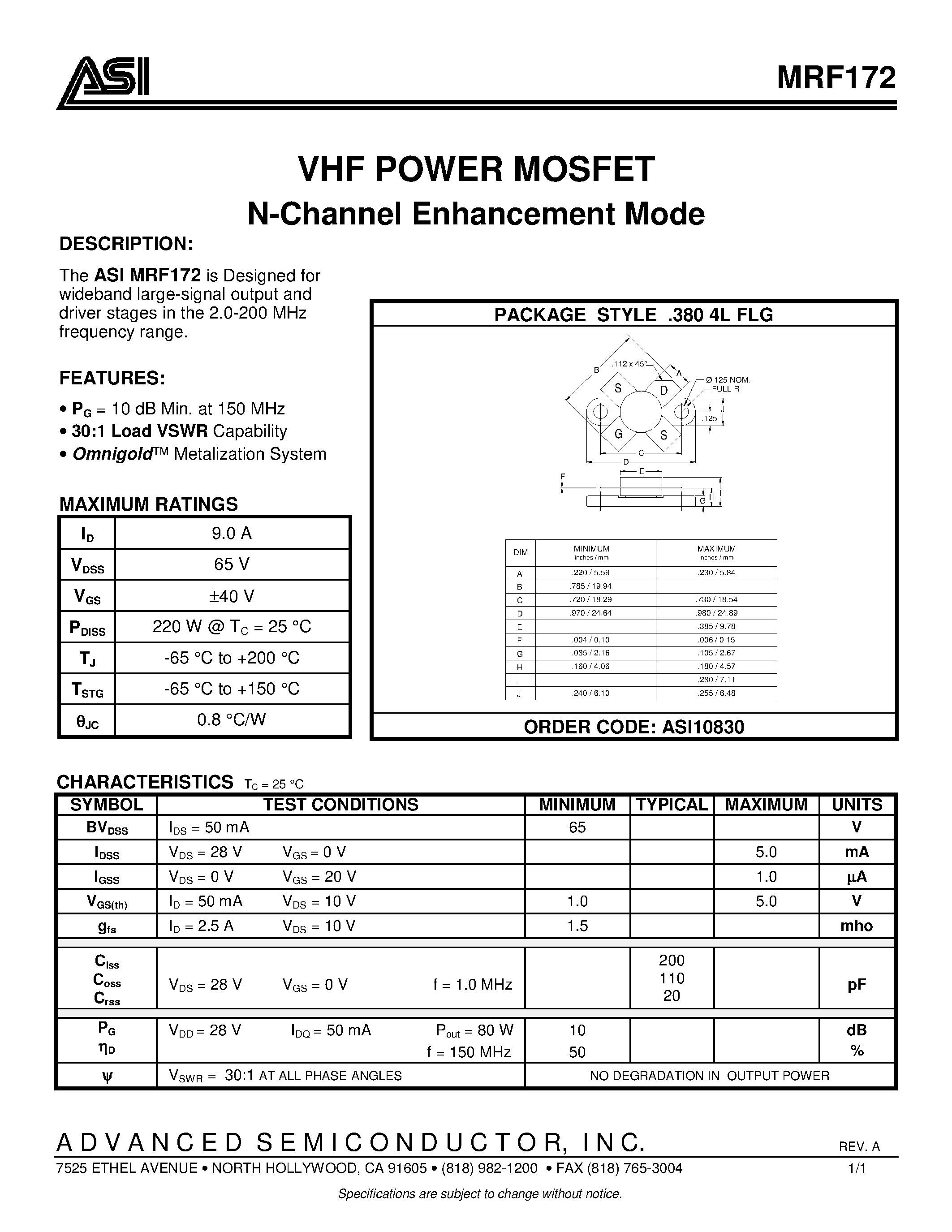 Datasheet MRF172 - VHF POWER MOSFET N-Channel Enhancement Mode page 1