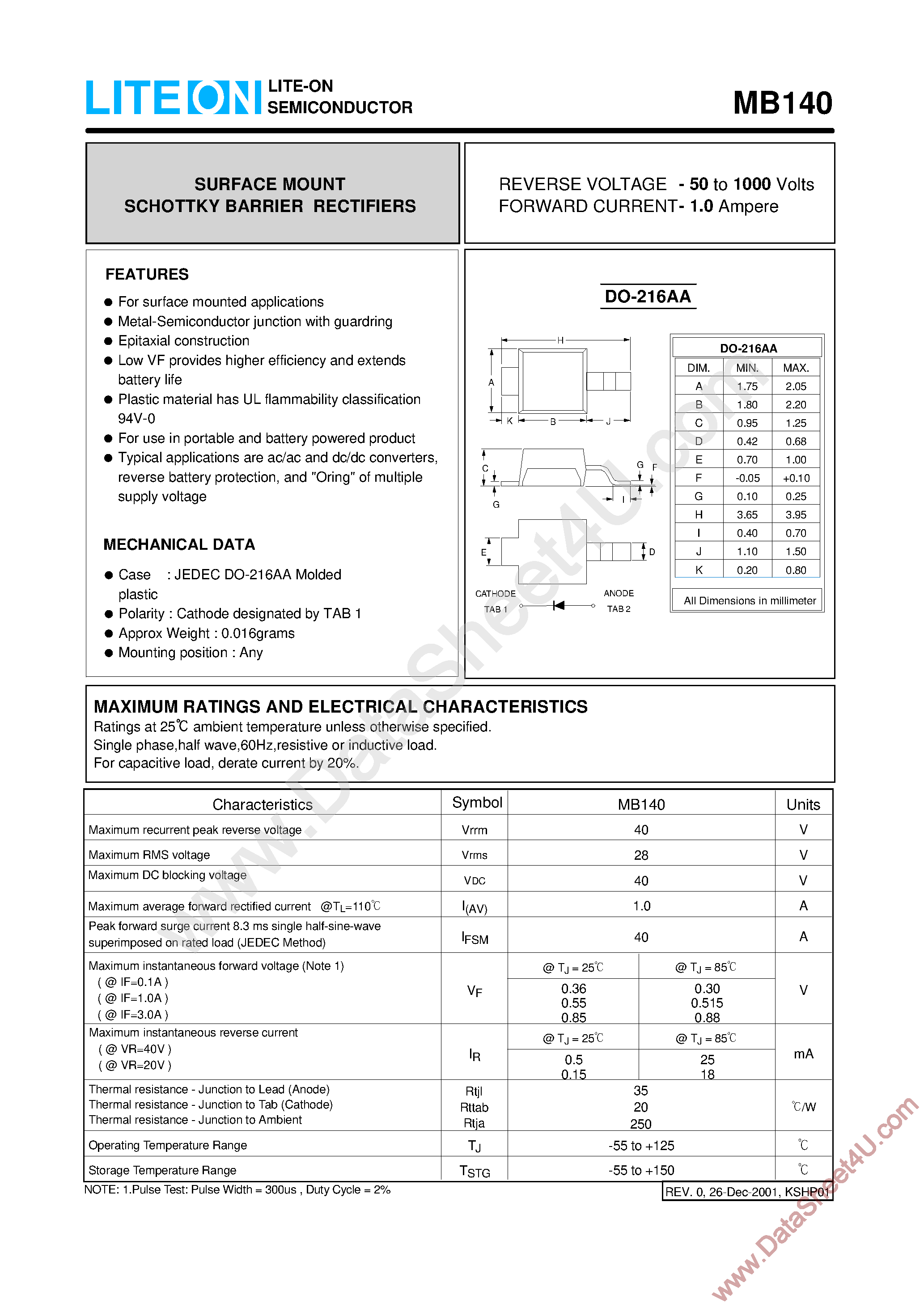 Datasheet MB140 page 1 Datasheet MB140 - Surface Mount Schottky Barrier Rectifiers page 1