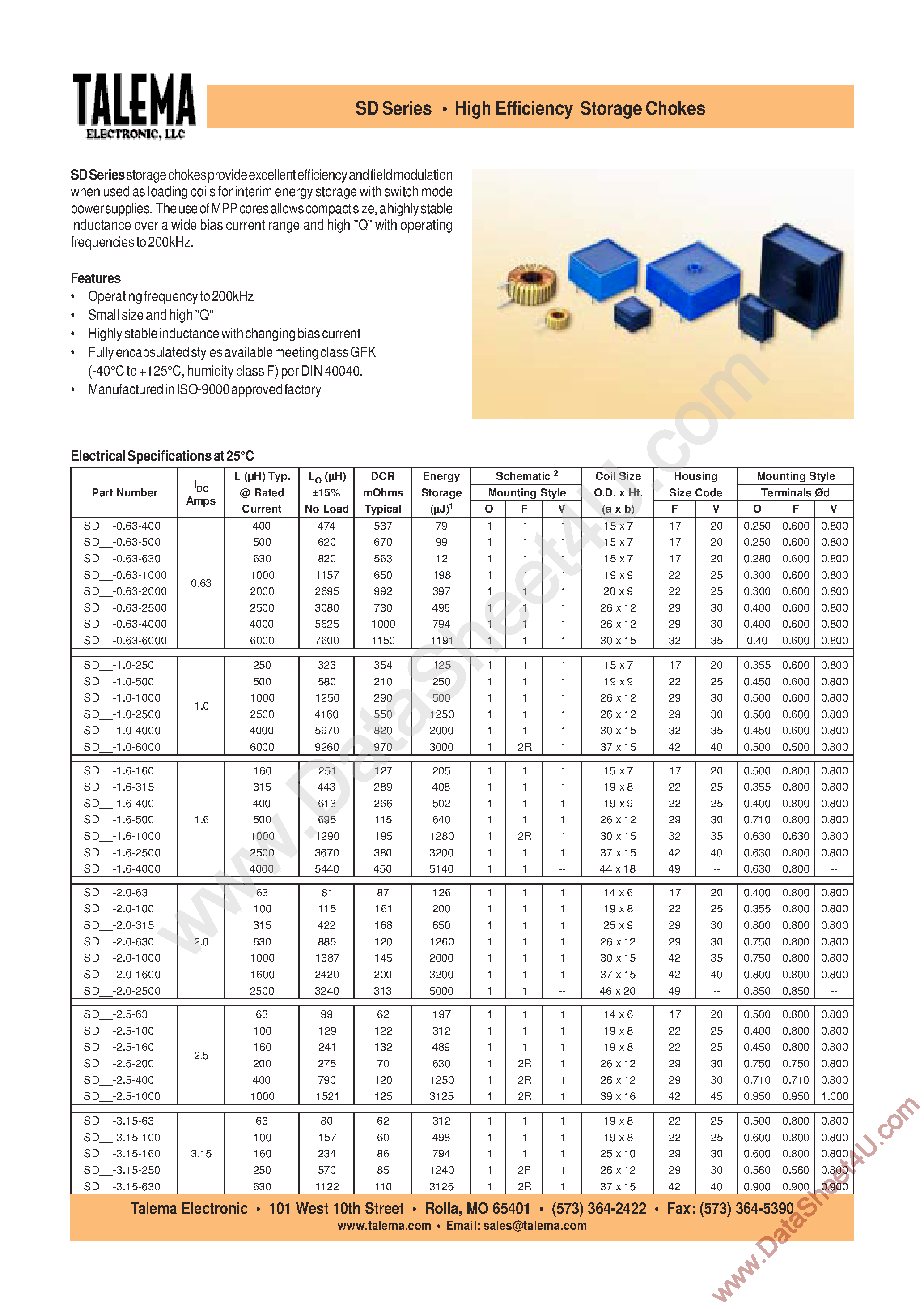 Datasheet SDF-0.63-1000 - (SD Series) High Efficiency Storage Chokes page 1