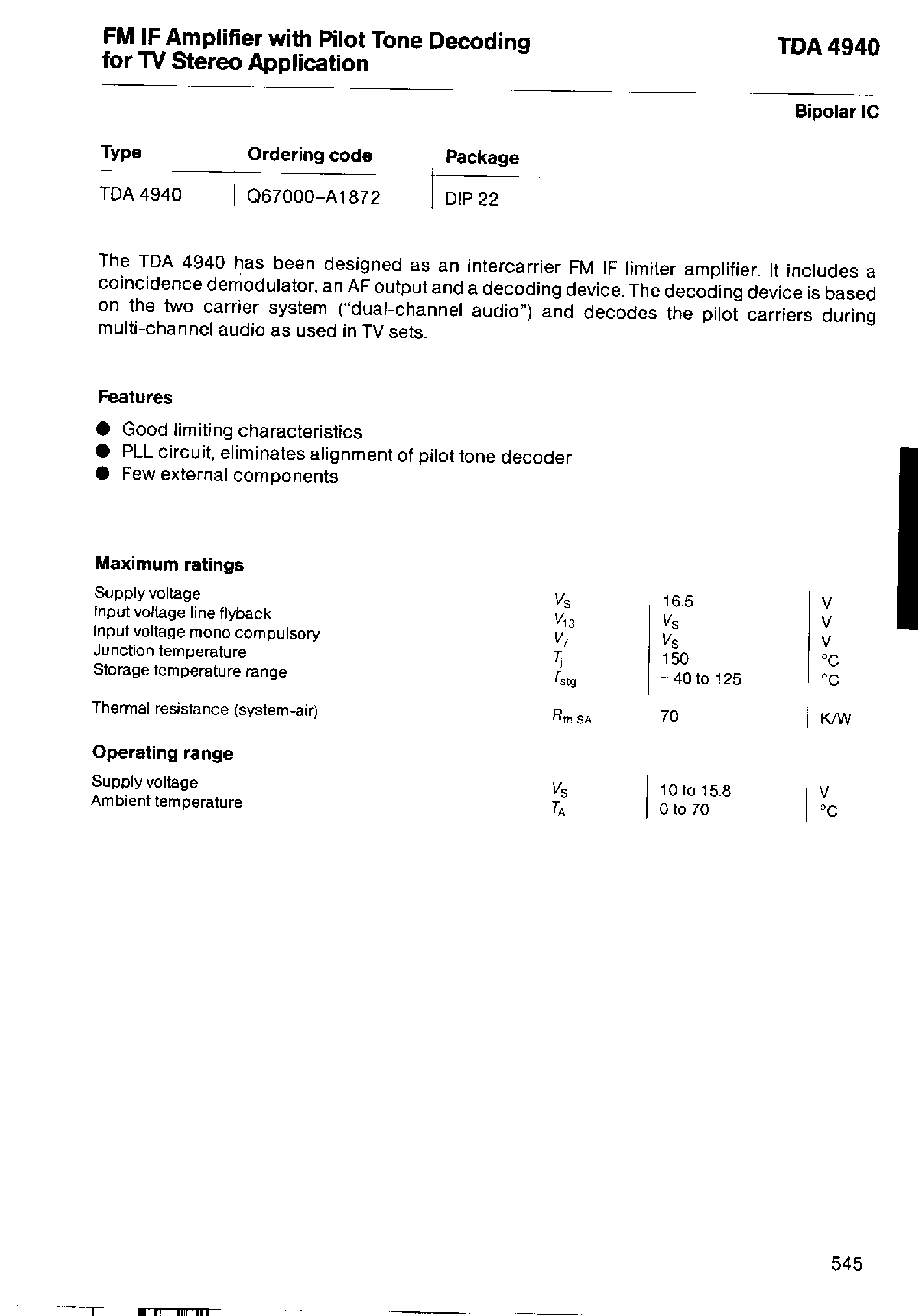 Даташит TDA4940 - FM IF AMPLIFIER WITH PILOT TONE DECODING FOR TV STEREO APPLICATIN страница 1