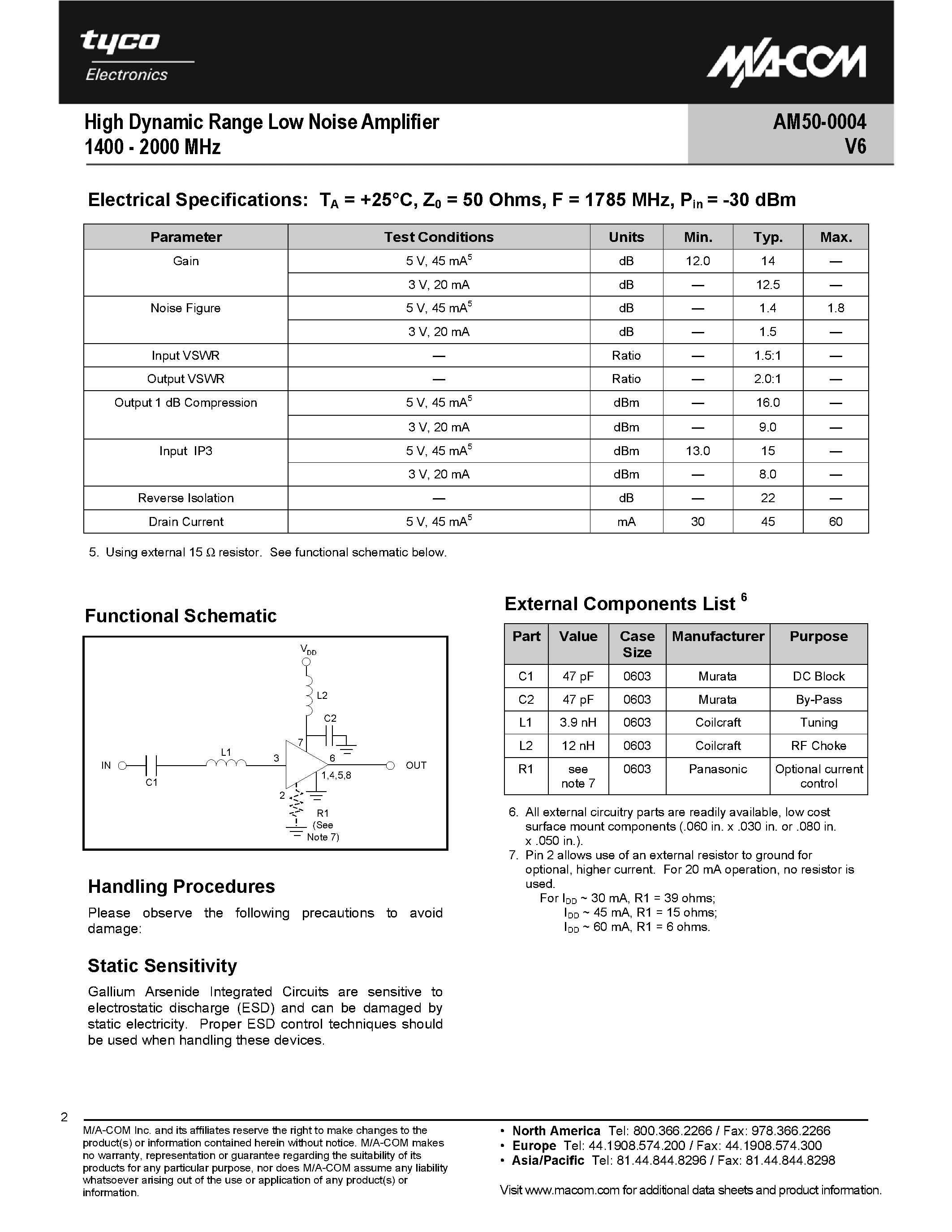 Даташит на микросхему AM50-0004V6 страница 2 Даташит AM50-0004V6 - High Dynamic Range Low Noise Amplifier страница 2