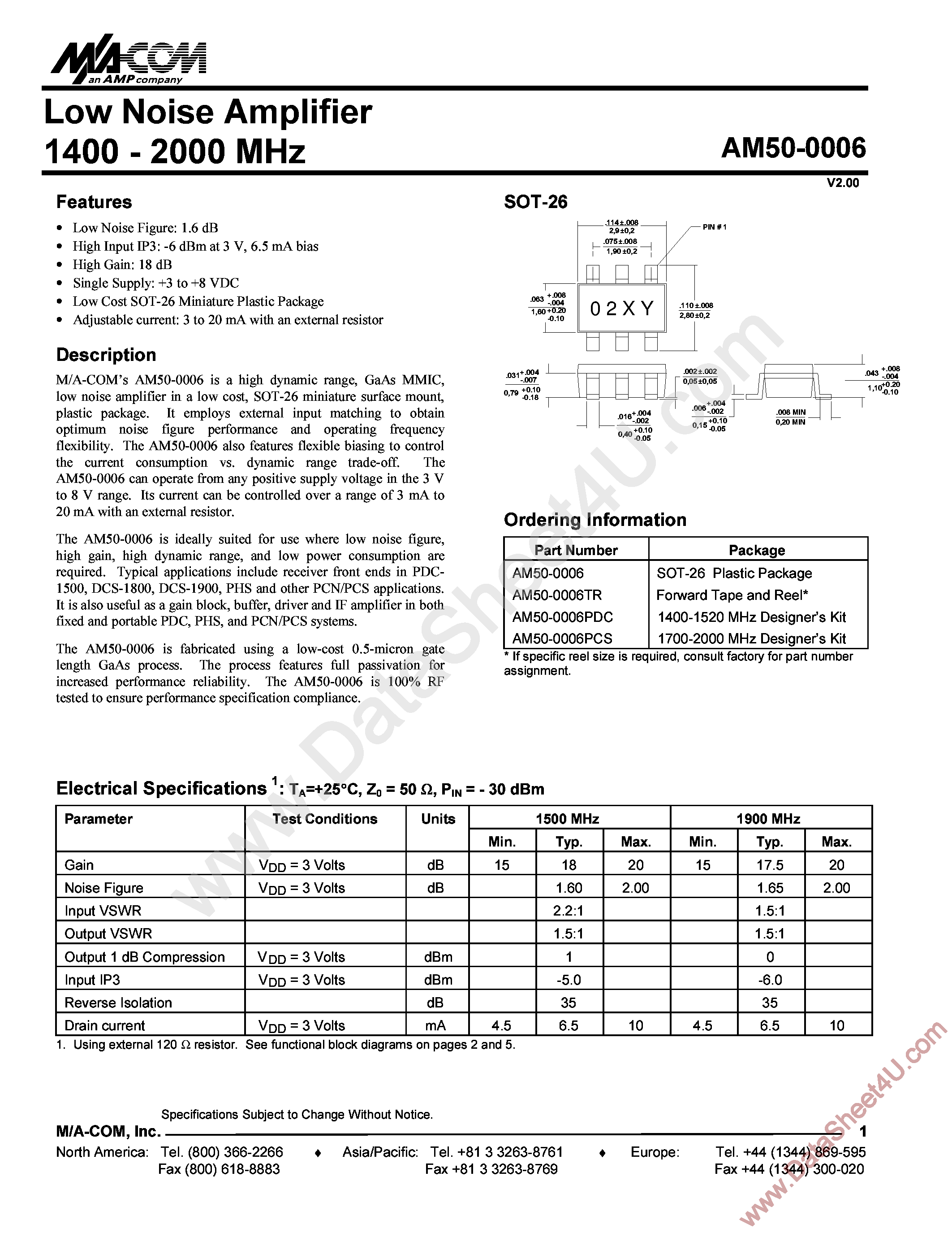 Даташит на микросхему AM50-0006V2 страница 1 Даташит AM50-0006V2 - Low Noise Amplifier страница 1
