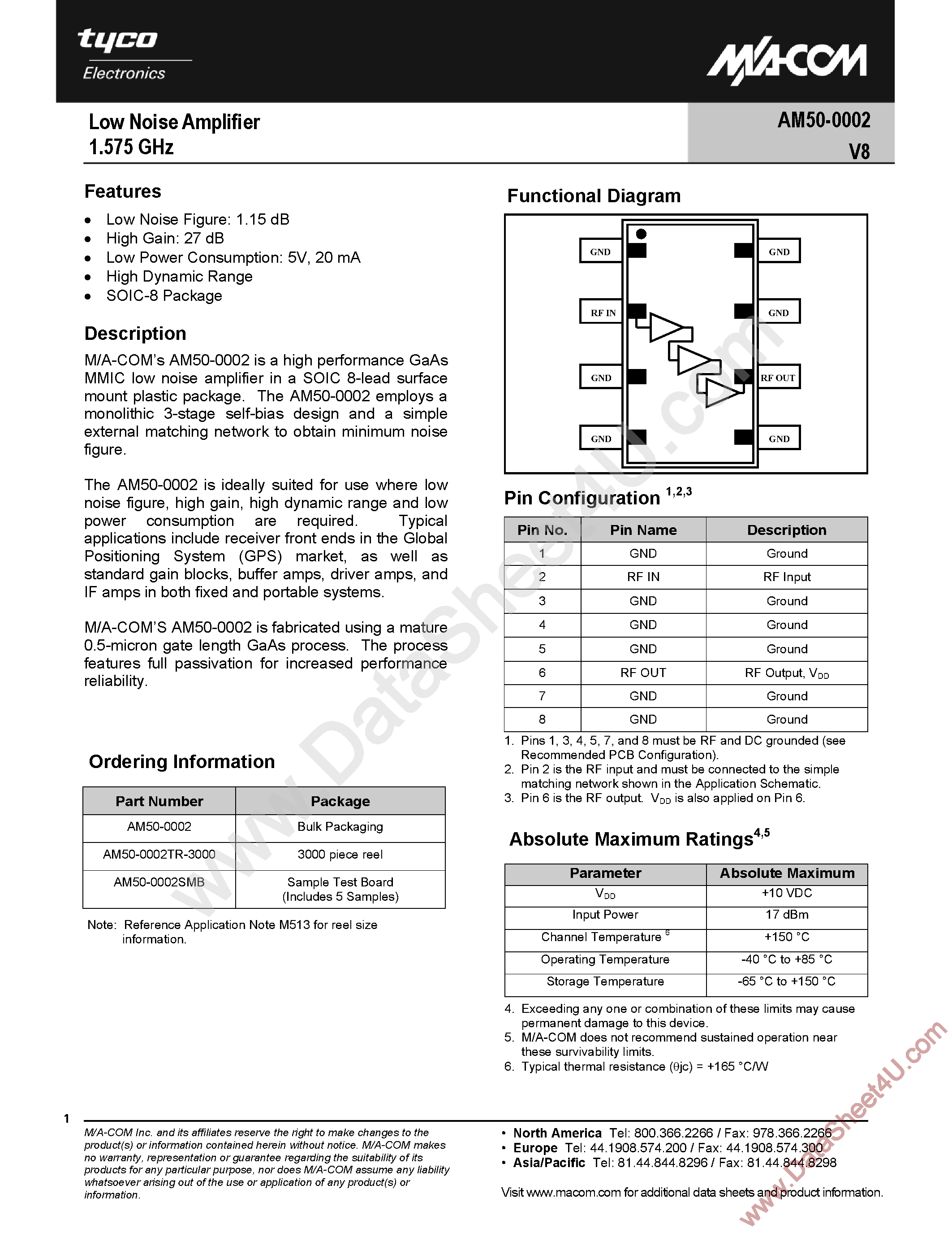 Даташит на микросхему AM50-0002V8 страница 1 Даташит AM50-0002V8 - Low Noise Amplifier страница 1