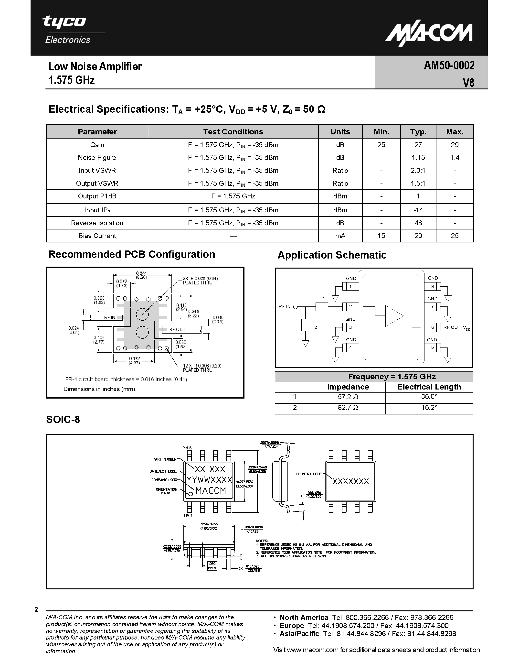 Даташит на микросхему AM50-0002V8 страница 2 Даташит AM50-0002V8 - Low Noise Amplifier страница 2