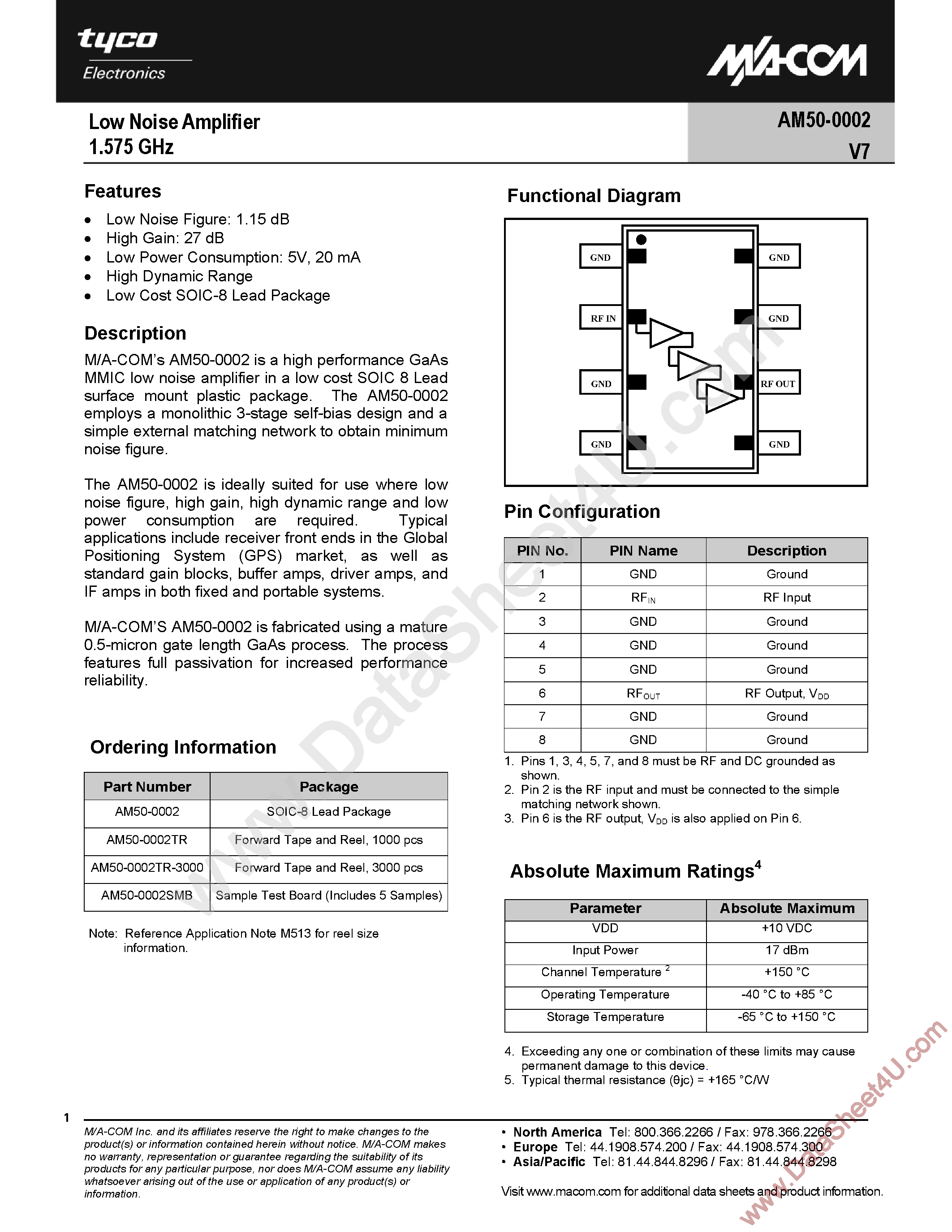Даташит на микросхему AM50-0002V7 страница 1 Даташит AM50-0002V7 - Low Noise Amplifier страница 1