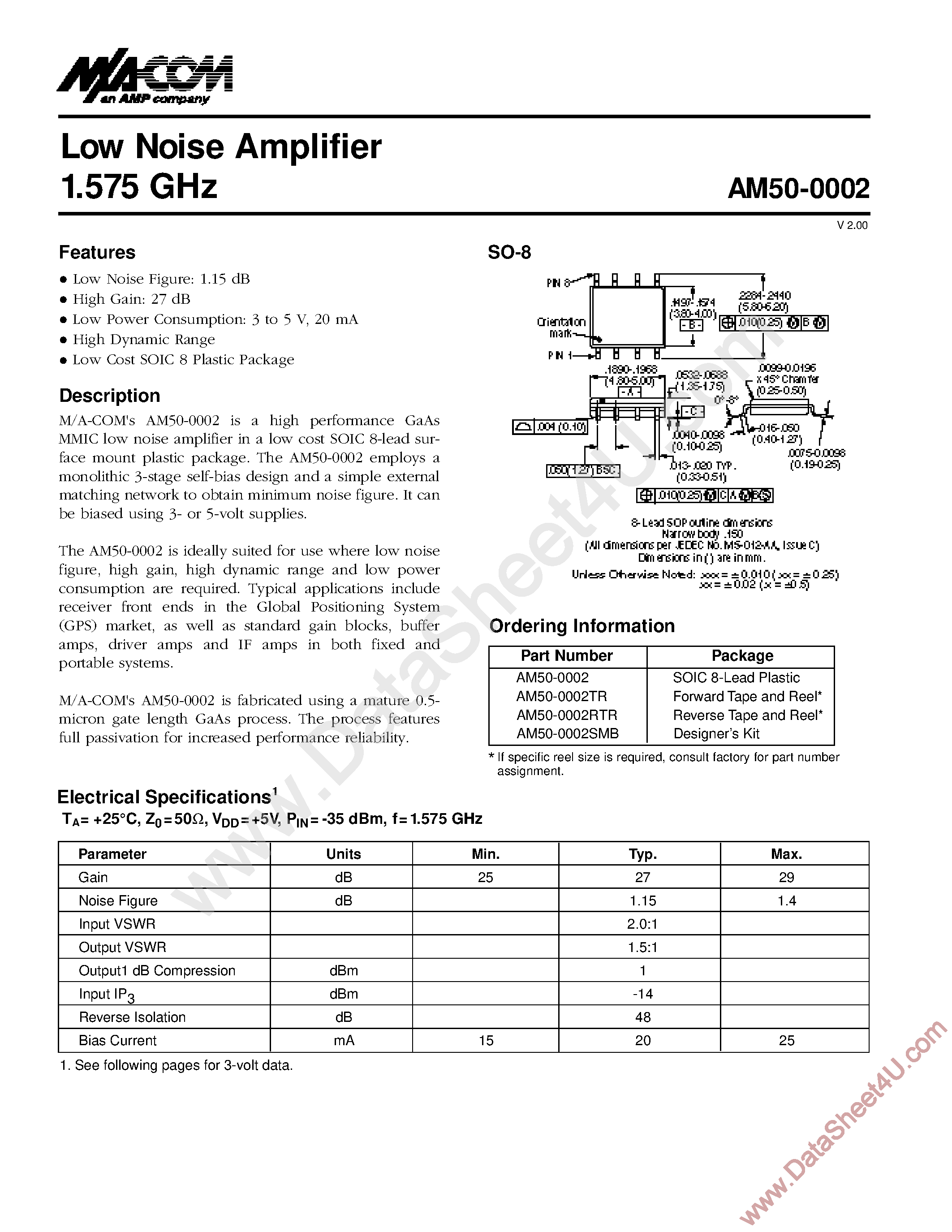 Datasheet AM50-0002 - Low Noise Amplifier page 1