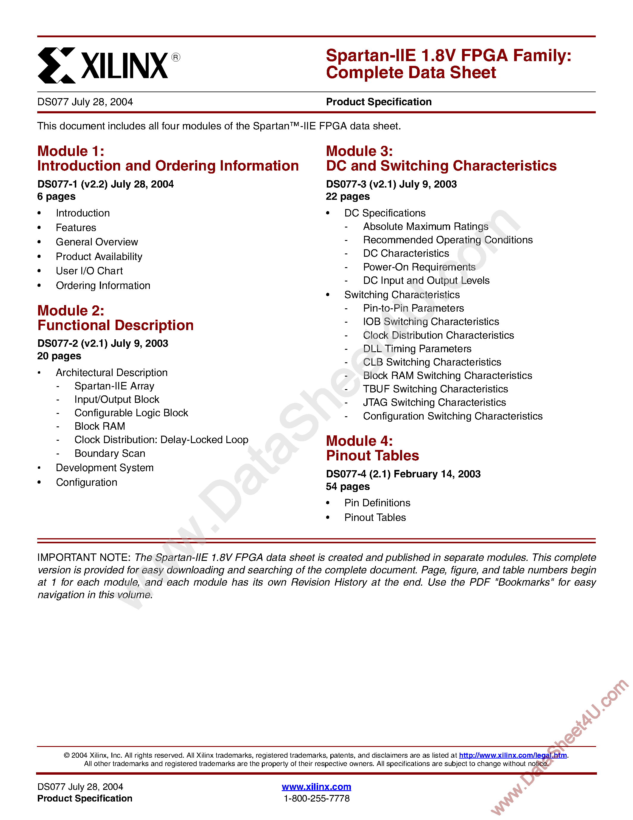 Datasheet XC2S100E page 1 Datasheet XC2S100E - (XC2SxxxE) Spartan IIE 1.8V FPGA Family page 1
