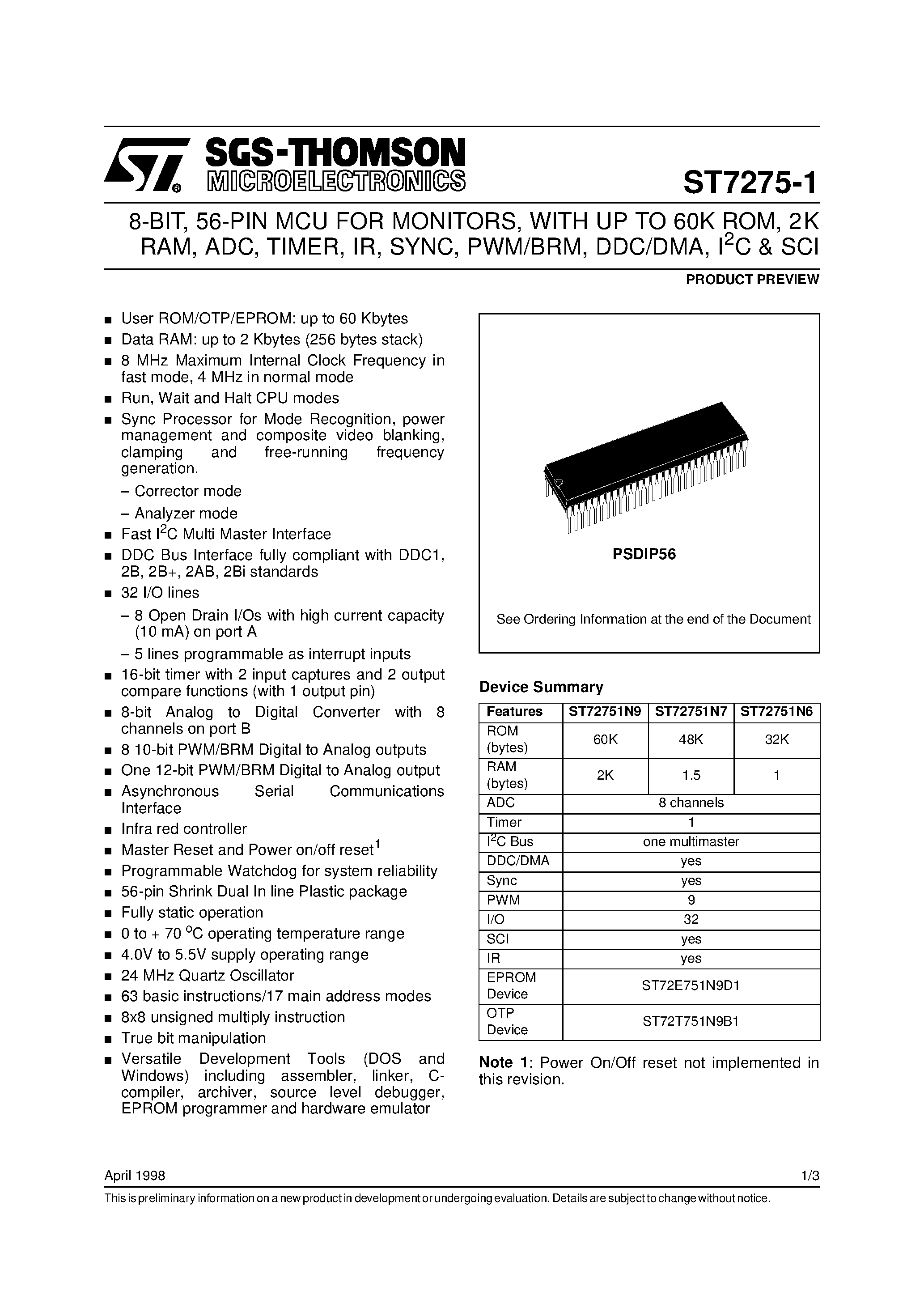 Datasheet ST7275-1 page 1 Datasheet ST7275-1 - 8-Bit 56-PIN MCU page 1
