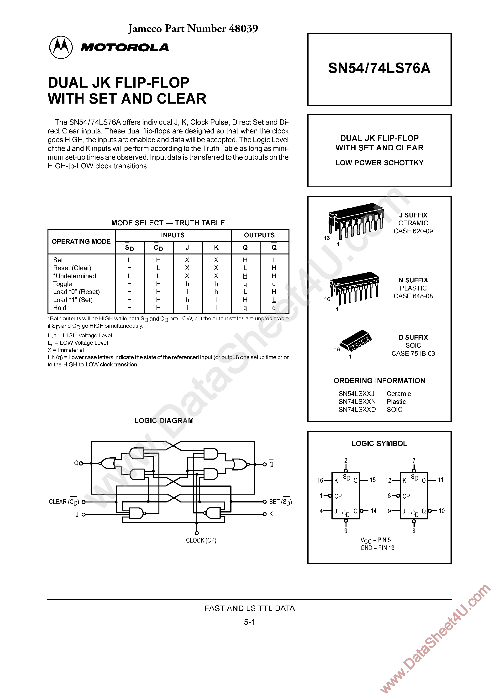 Даташит SN74LS76A - Dual JK Filp-Flop страница 1