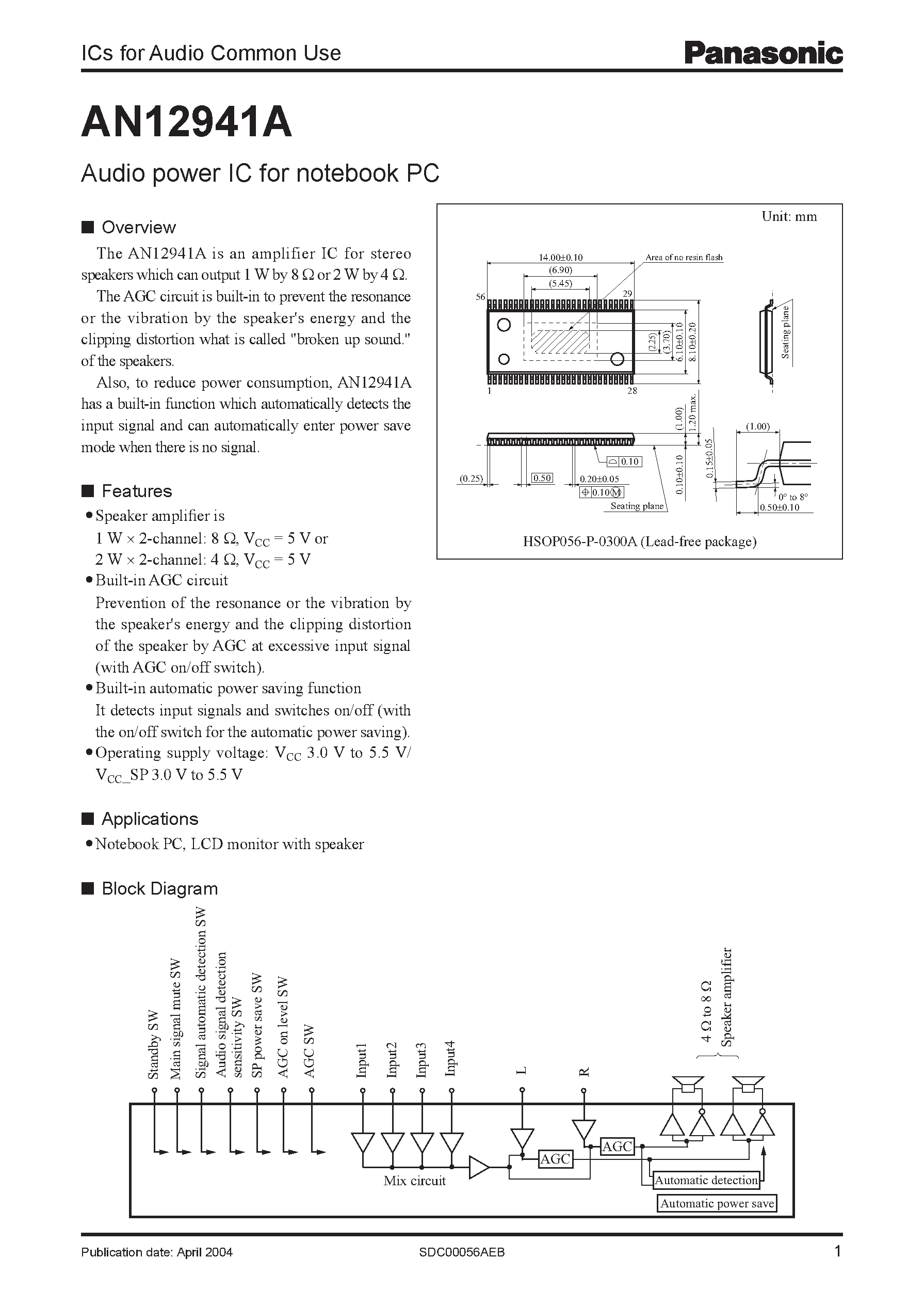 Даташит AN12941A - amplifier IC for stereo speakers страница 1