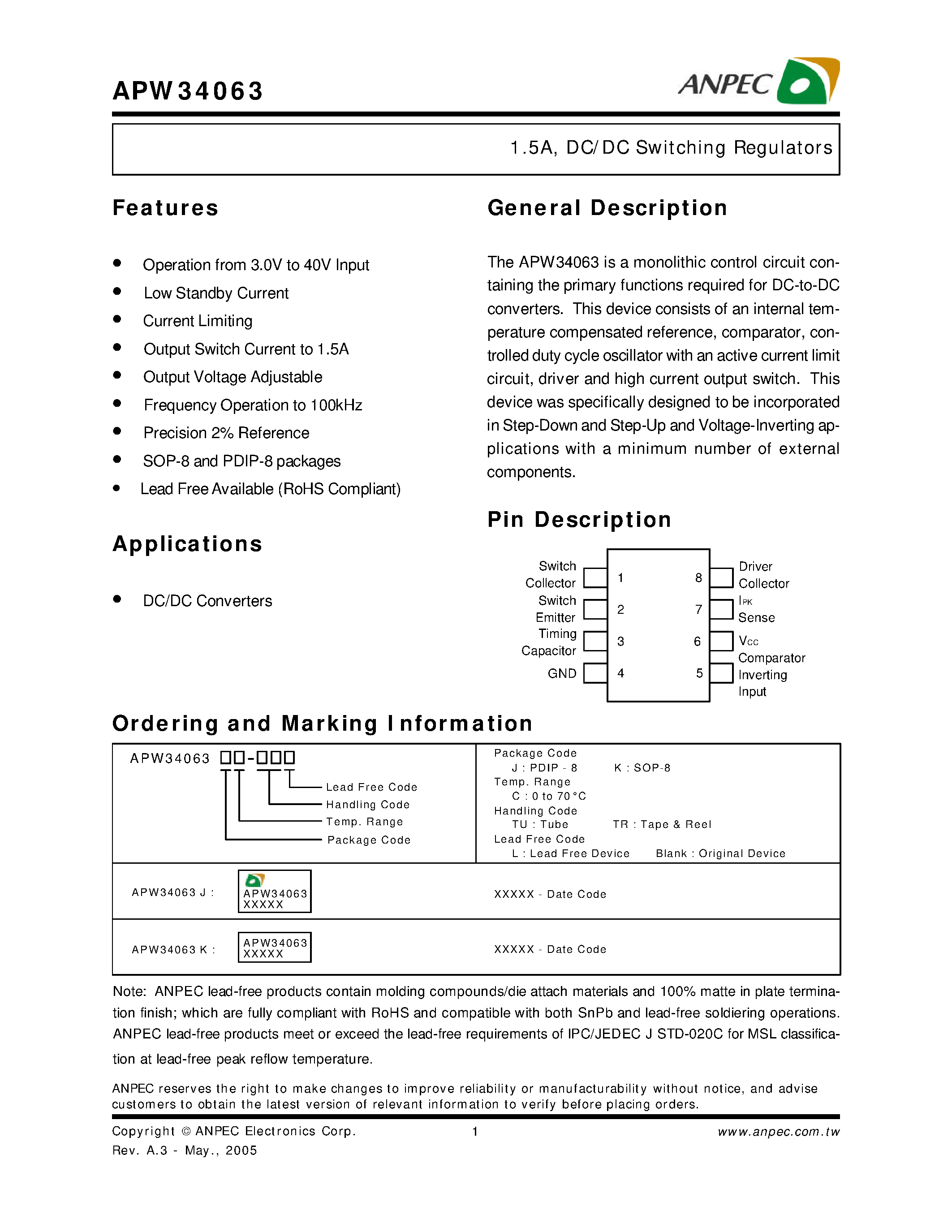 Даташит на микросхему APW34063 страница 1 Даташит APW34063 - DC/DC Switching Regulators страница 1