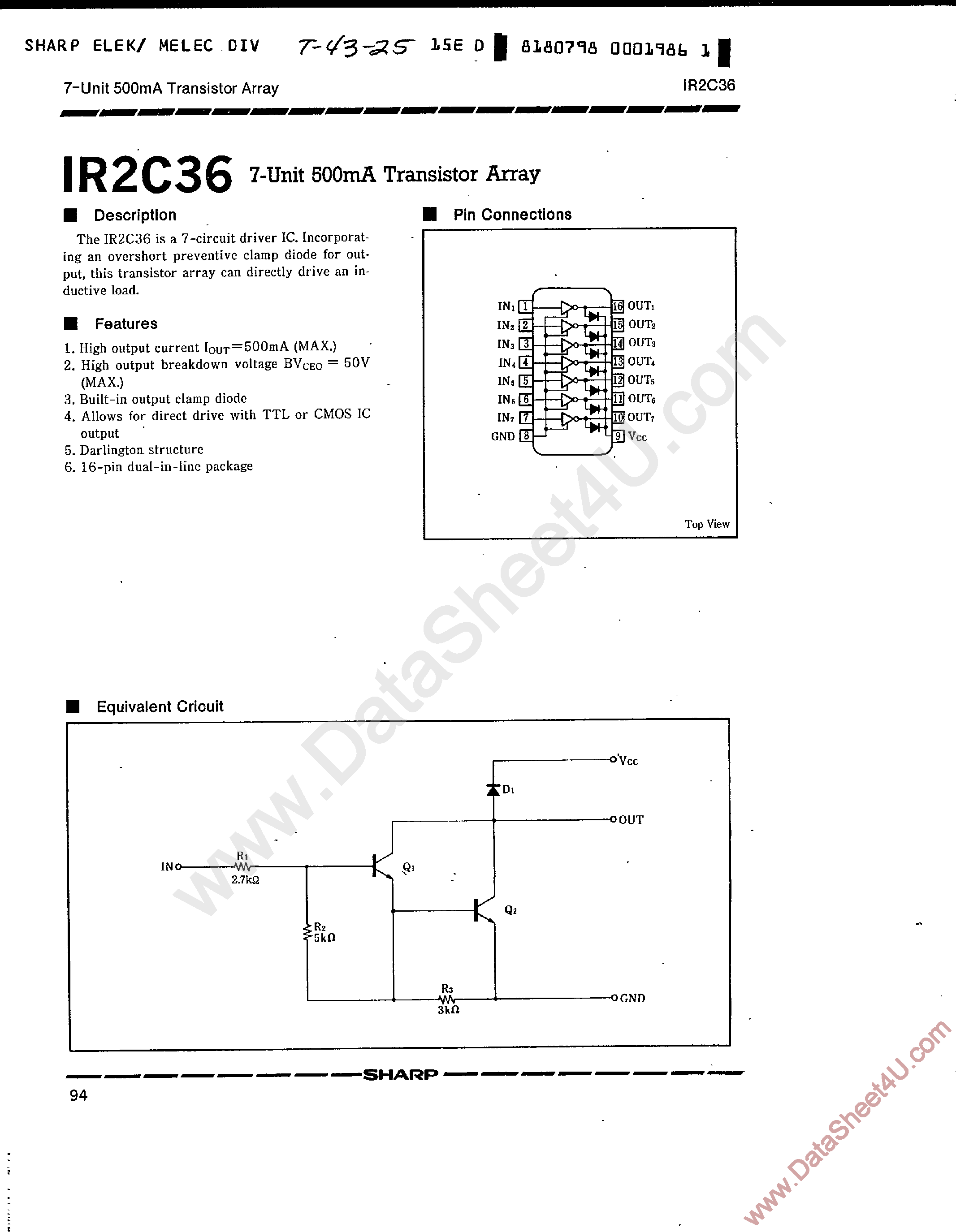 Datasheet IR2C36 page 1 Datasheet IR2C36 - 7-Unit 500mA Transistor Array page 1