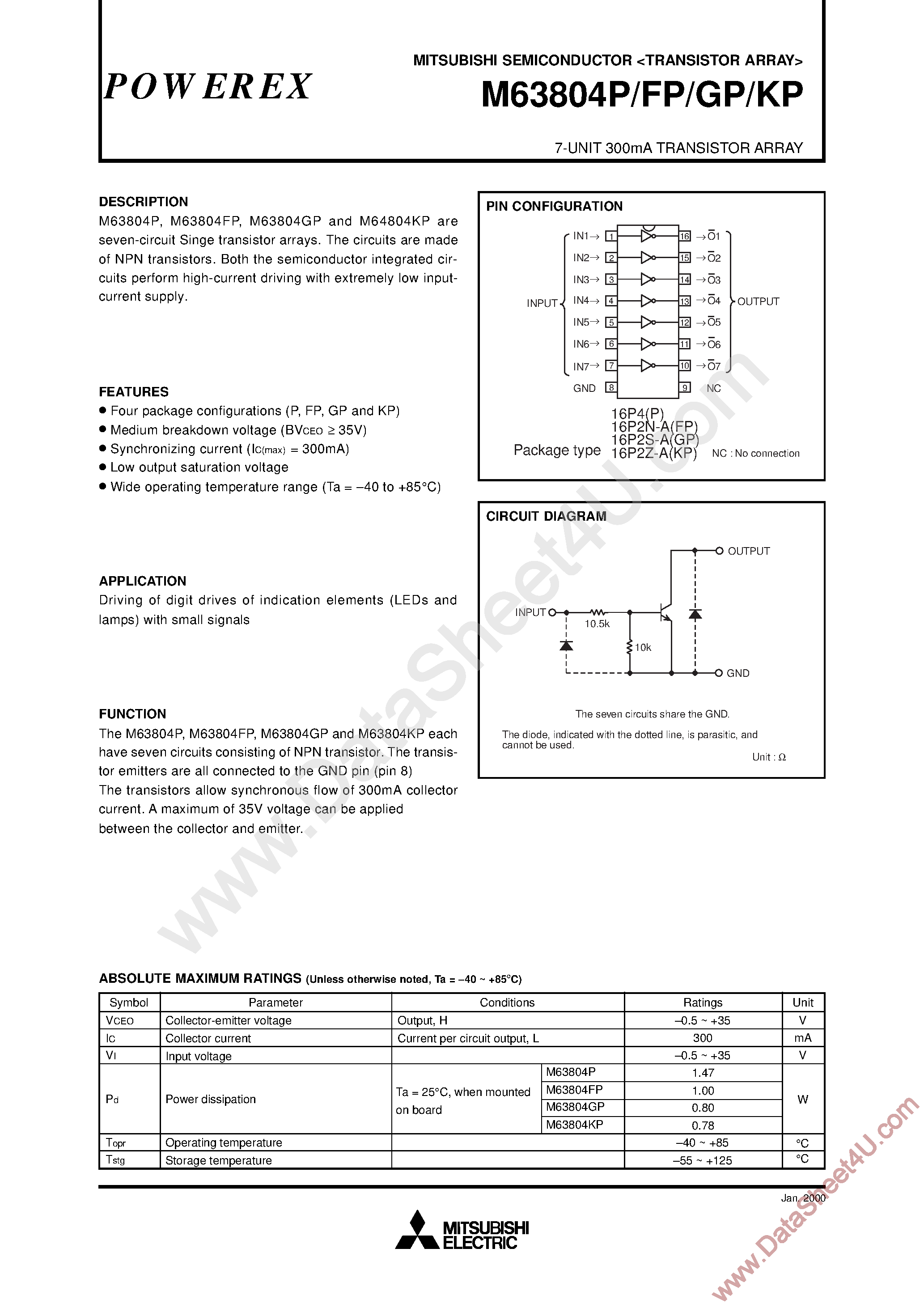 Даташит на микросхему M63804FP страница 1 Даташит M63804FP - (M63804xx) 7-Unit 300mA Transistor Array страница 1