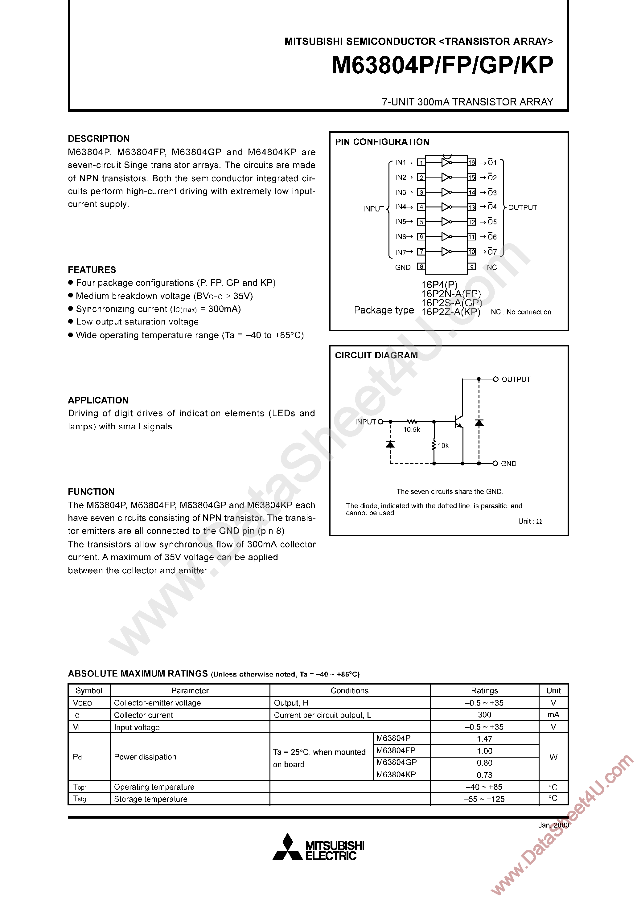 Datasheet M63804FP page 1 Datasheet M63804FP - (M63804xx) 7-Unit 300mA Transistor Array page 1