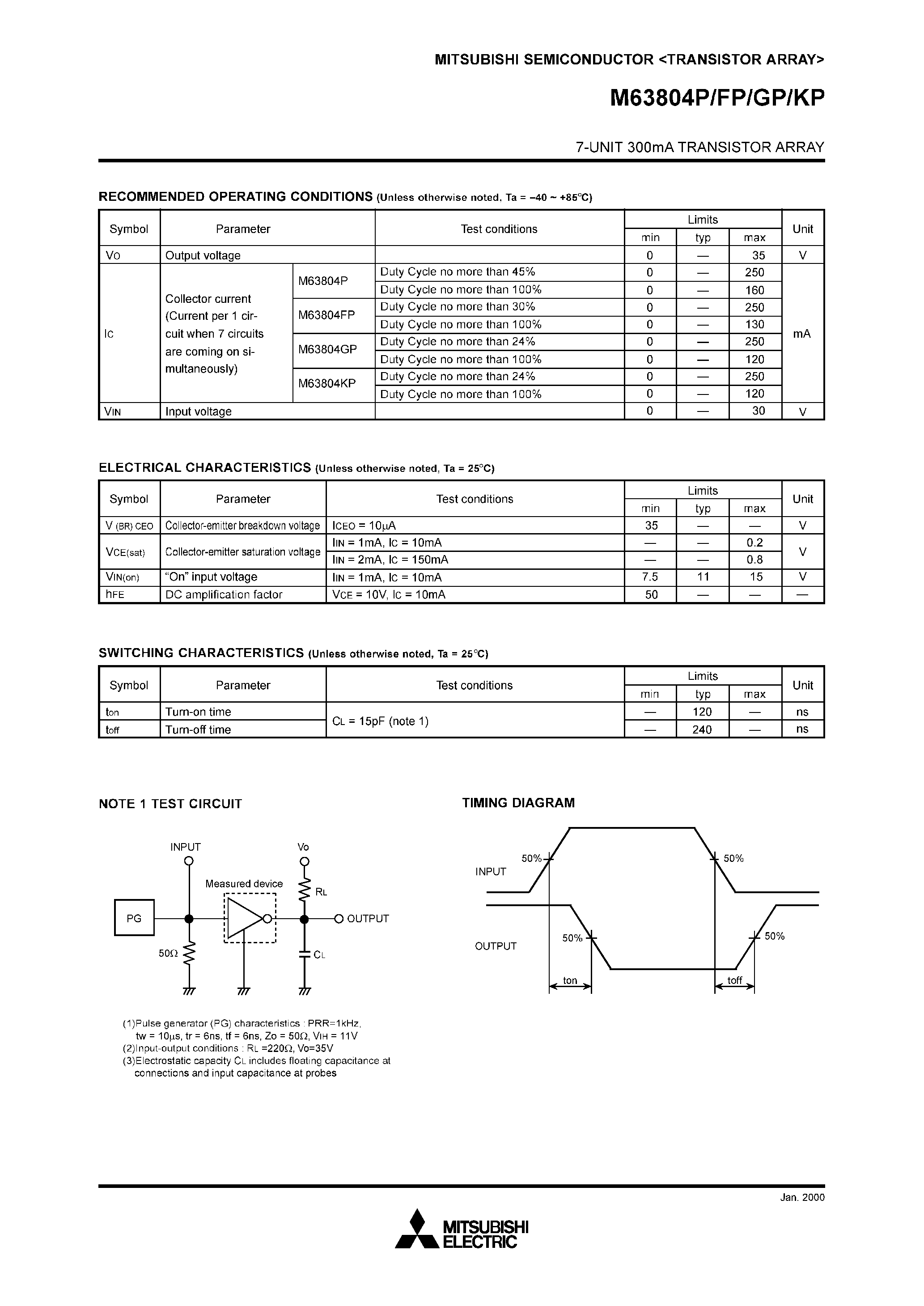 Datasheet M63804FP page 2 Datasheet M63804FP - (M63804xx) 7-Unit 300mA Transistor Array page 2