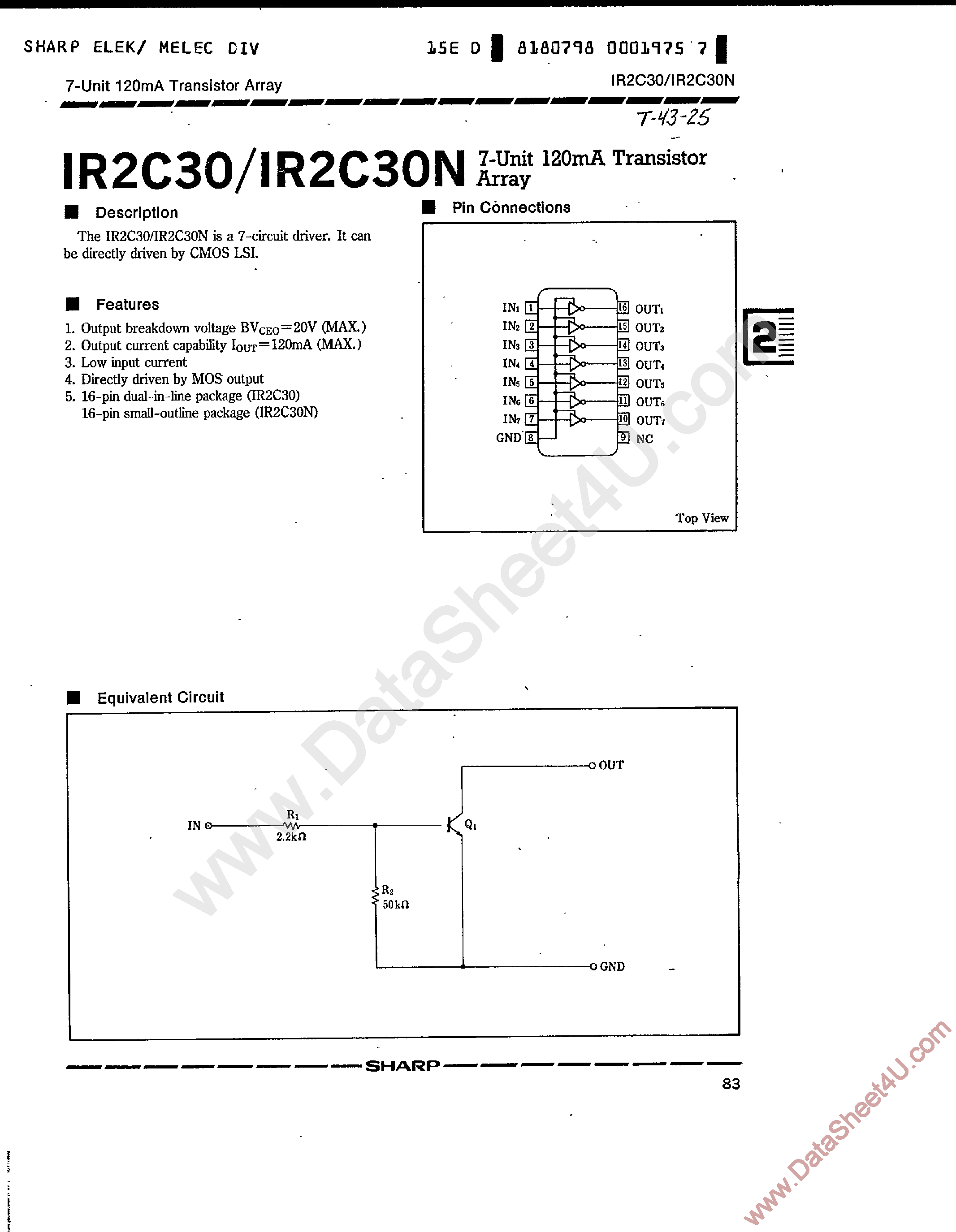 Datasheet IR2C30 page 1 Datasheet IR2C30 - 7-Unit 120mA Transistor Array page 1