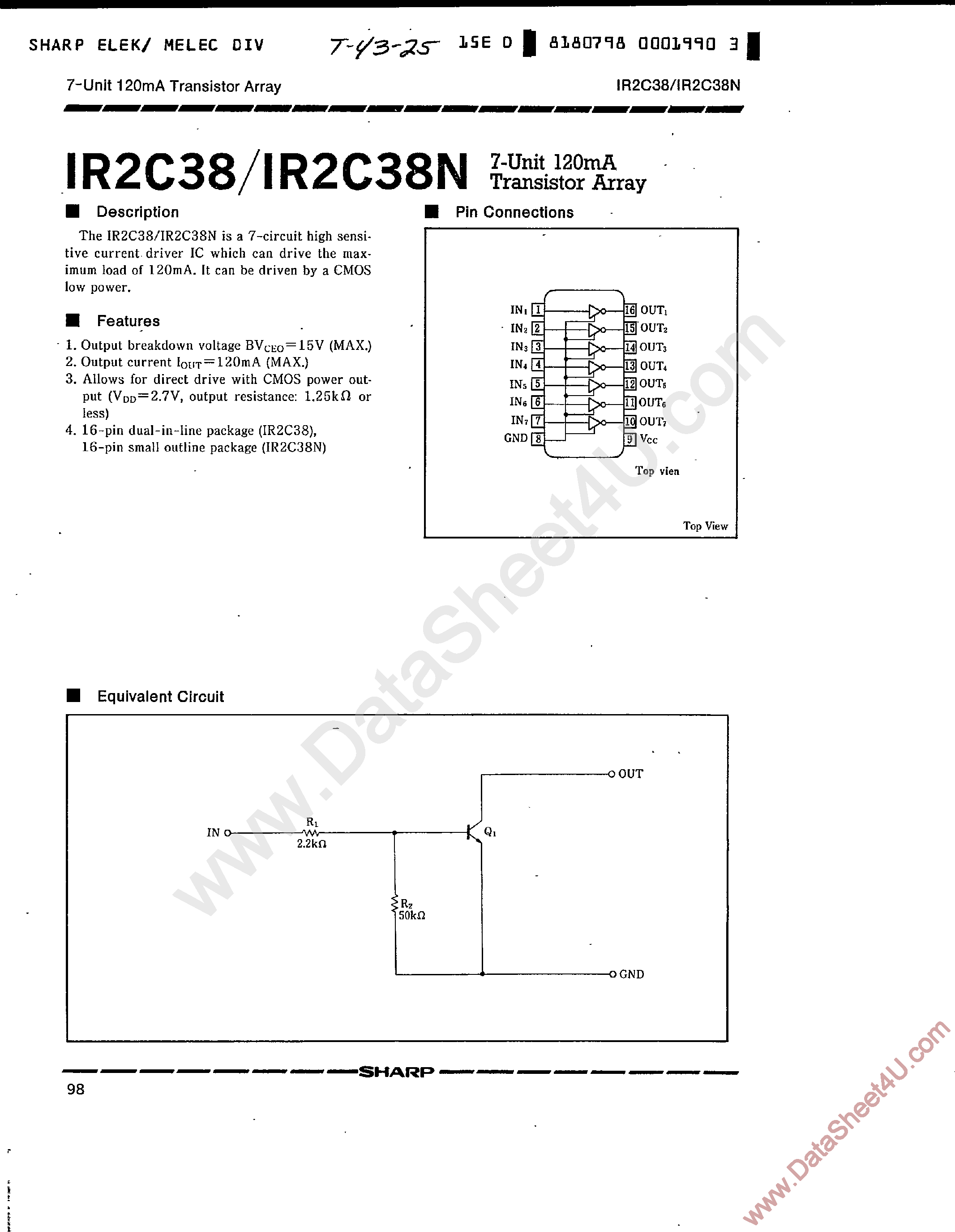 Datasheet IR2C38N page 1 Datasheet IR2C38N - 7-Unit 120mA Transistor Array page 1