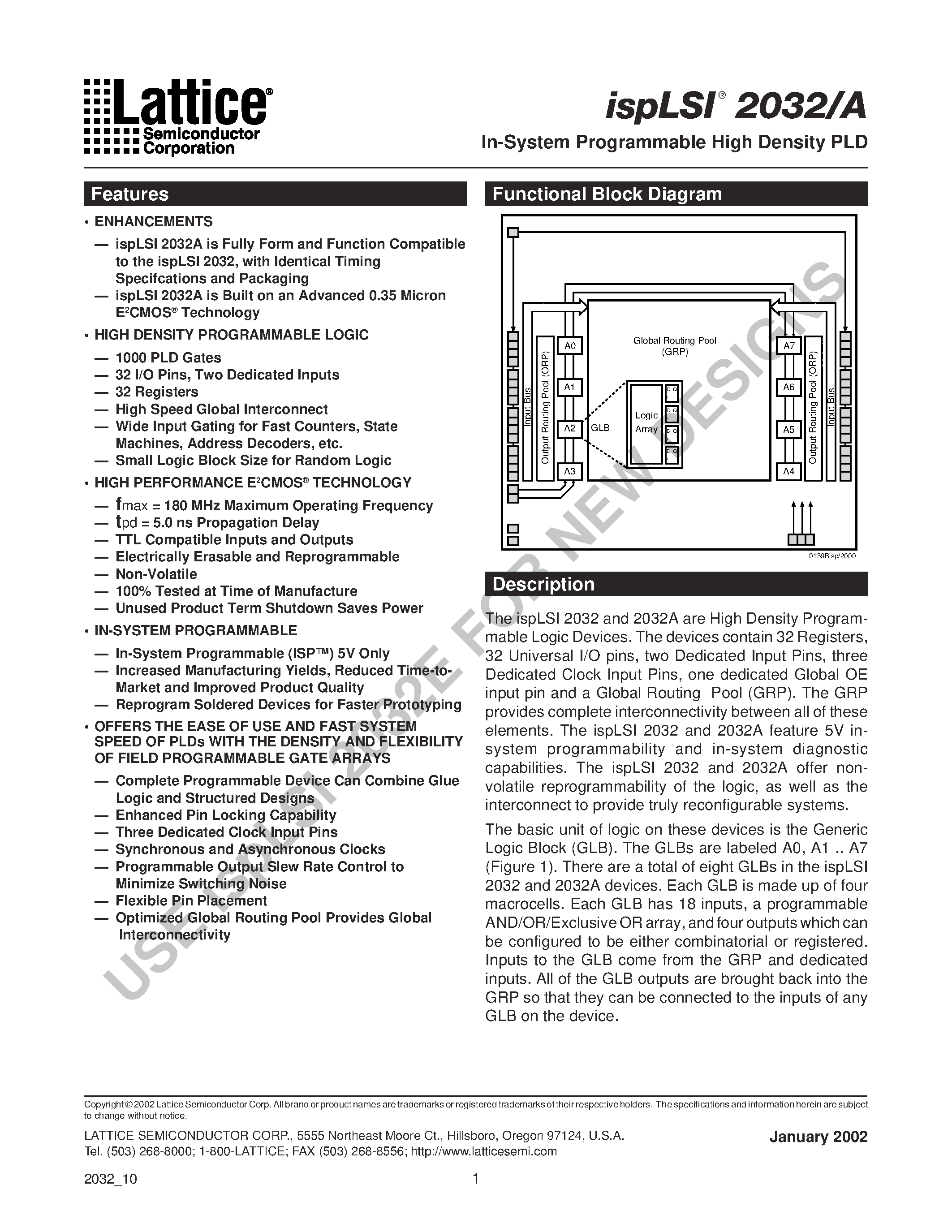 Datasheet ISPLSI2032 - (ISPLSI2032/A) In-System Programmable SuperFAST High Density PLD page 1