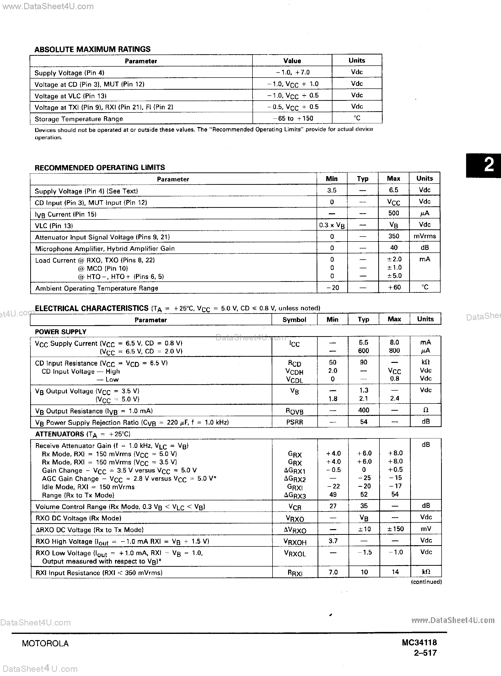 Datasheet MC34118 - VOICE SWITCHED SPEAKERPHONE CIRCUIT page 2