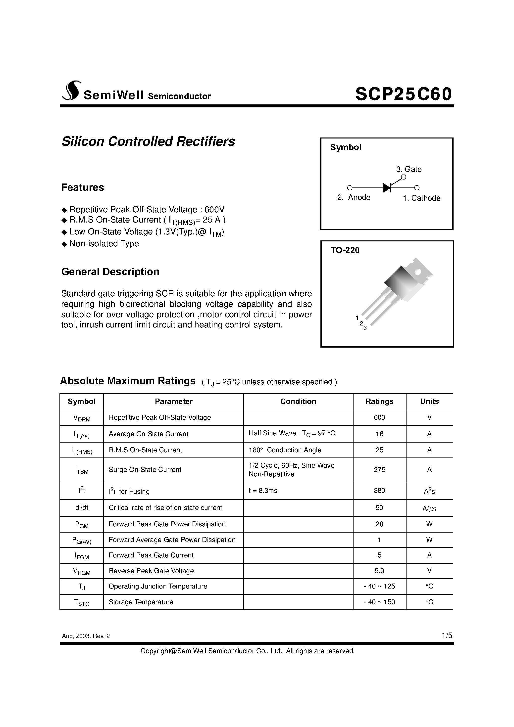 Datasheet SCP25C60 page 1 Datasheet SCP25C60 - Silicon Controlled Rectifiers page 1