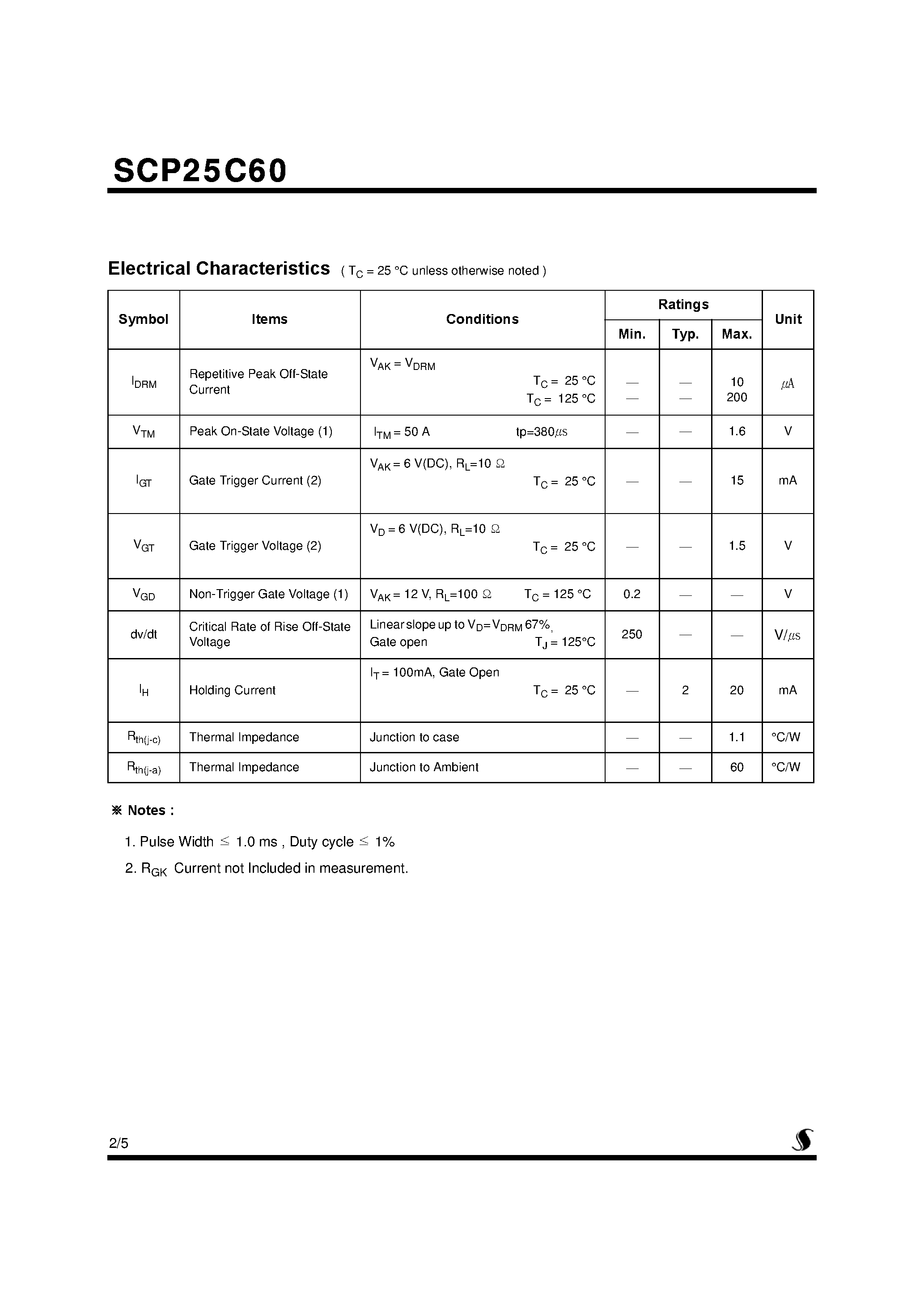Datasheet SCP25C60 page 2 Datasheet SCP25C60 - Silicon Controlled Rectifiers page 2