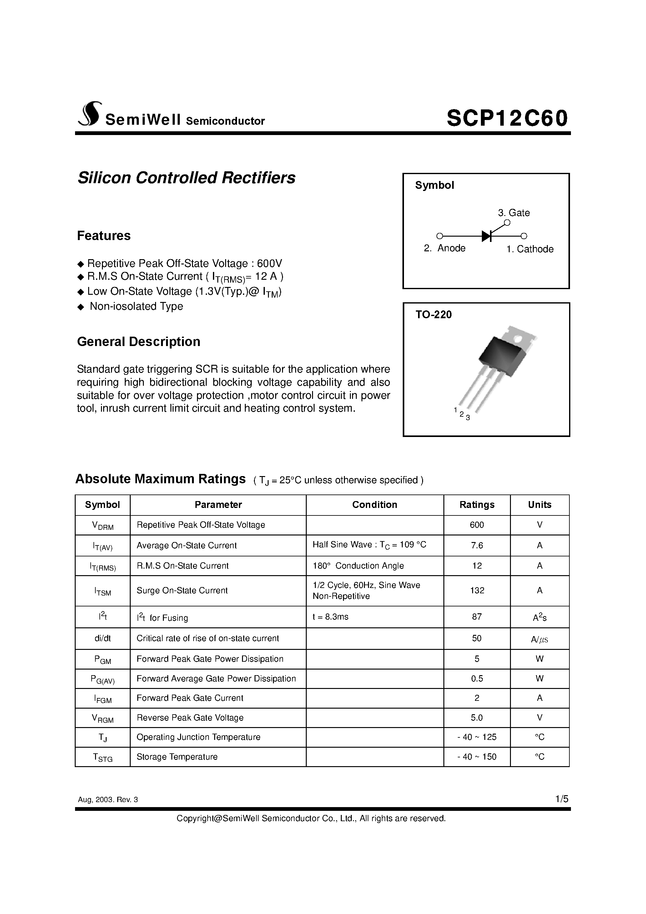 Datasheet SCP12C60 page 1 Datasheet SCP12C60 - Silicon Controlled Rectifiers page 1