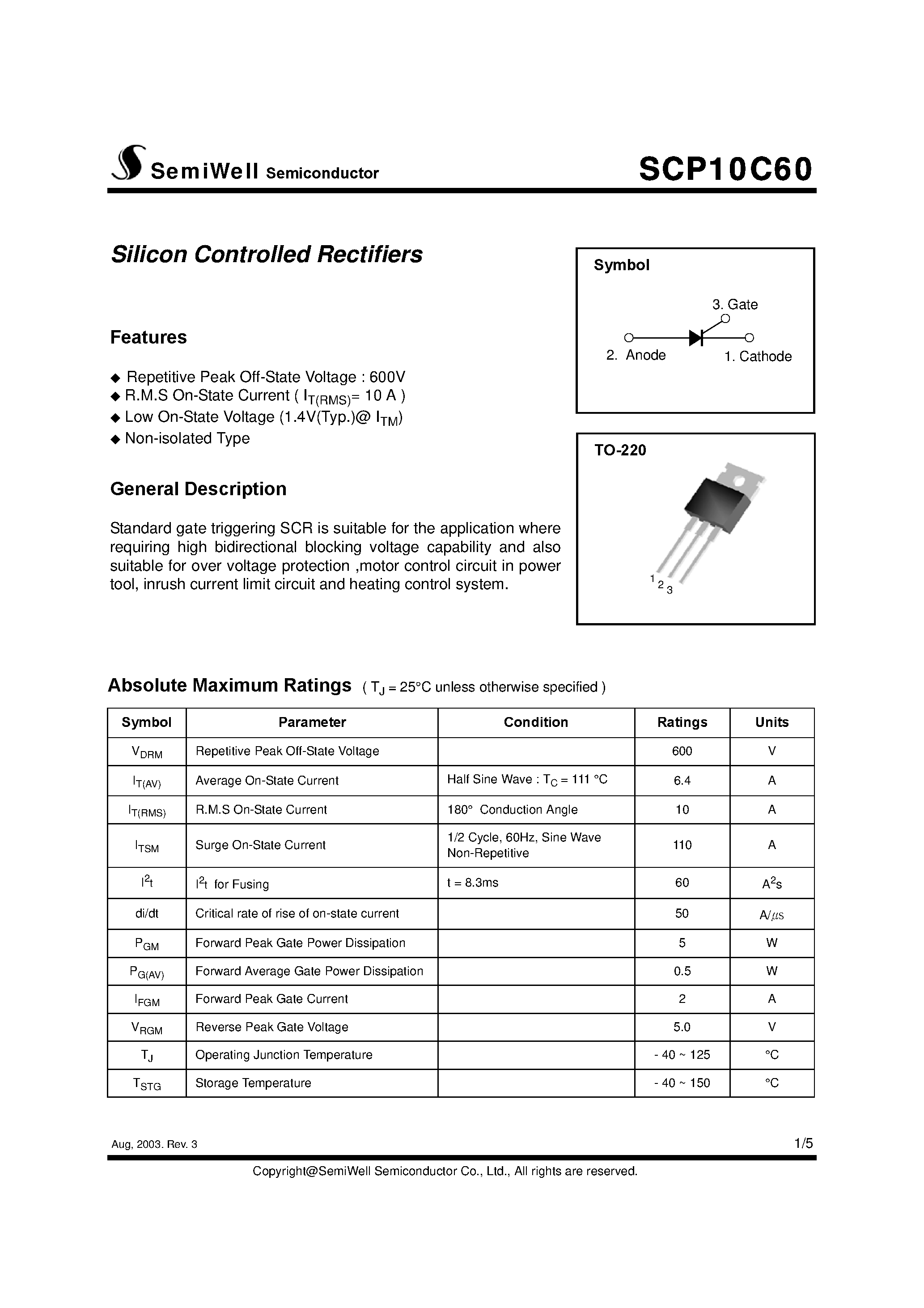 Datasheet SCP10C60 page 1 Datasheet SCP10C60 - Silicon Controlled Rectifiers page 1