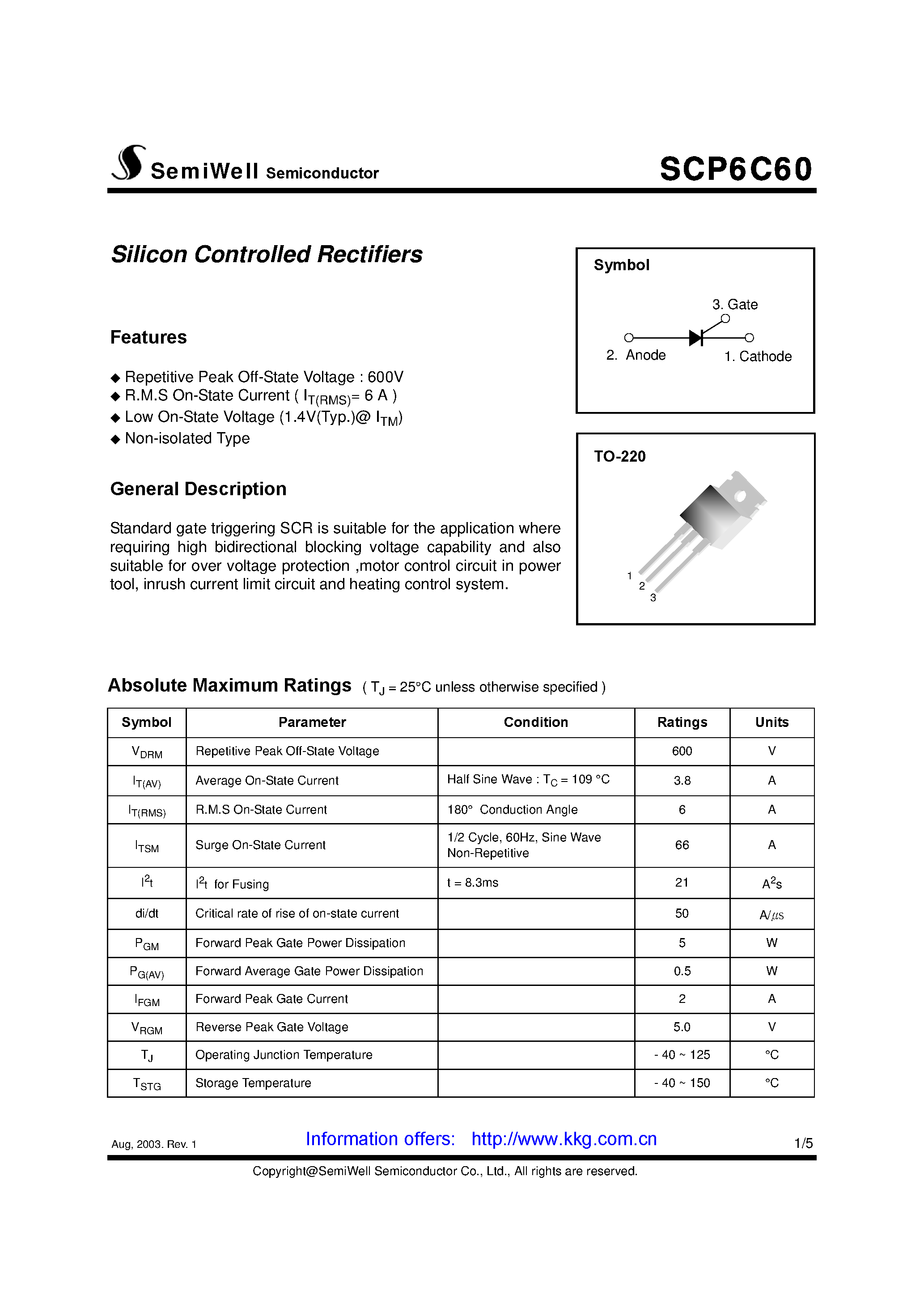 Datasheet SCP6C60 page 1 Datasheet SCP6C60 - SILICON CONTROLLED RECTIFIERS page 1