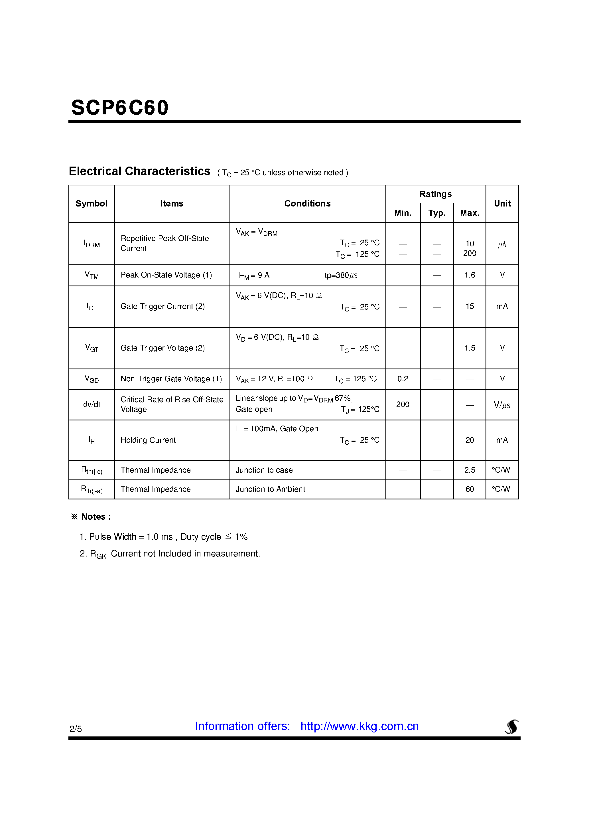 Datasheet SCP6C60 page 2 Datasheet SCP6C60 - SILICON CONTROLLED RECTIFIERS page 2