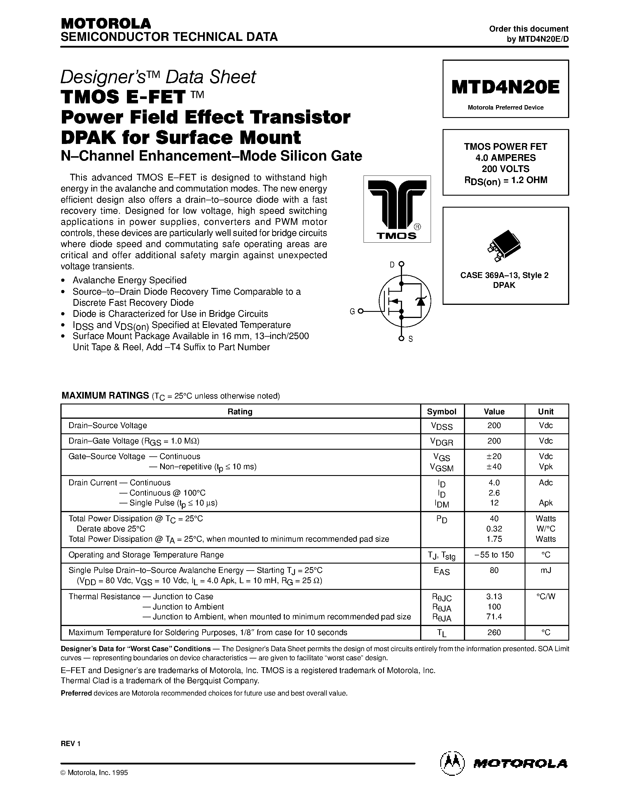 Datasheet MTD4N20E - TMOS POWER FET 4.0 AMPERES 200 VOLTS RDS(on) = 1.2 OHM page 1
