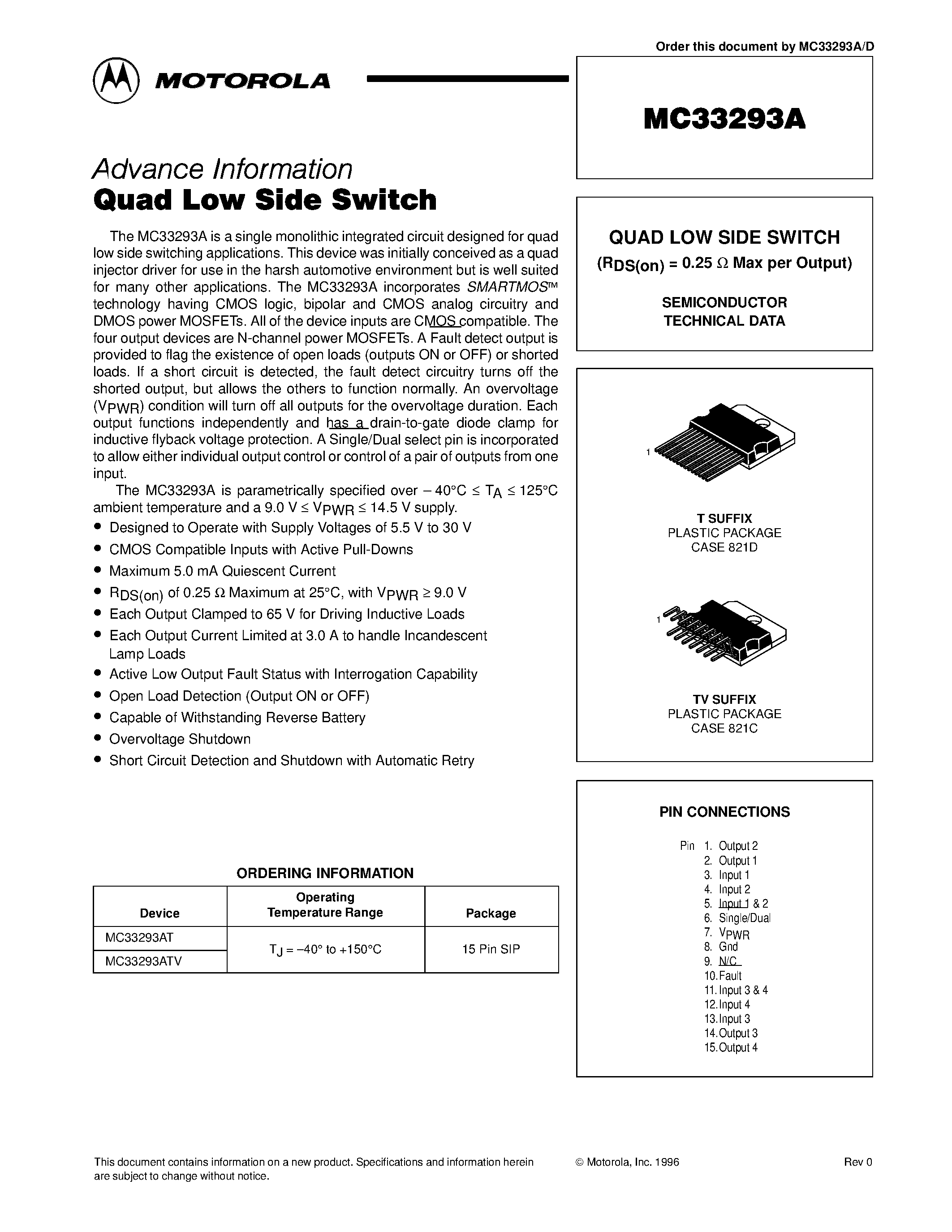 Datasheet MC33293A page 1 Datasheet MC33293A - QUAD LOW SIDE SWITCH page 1