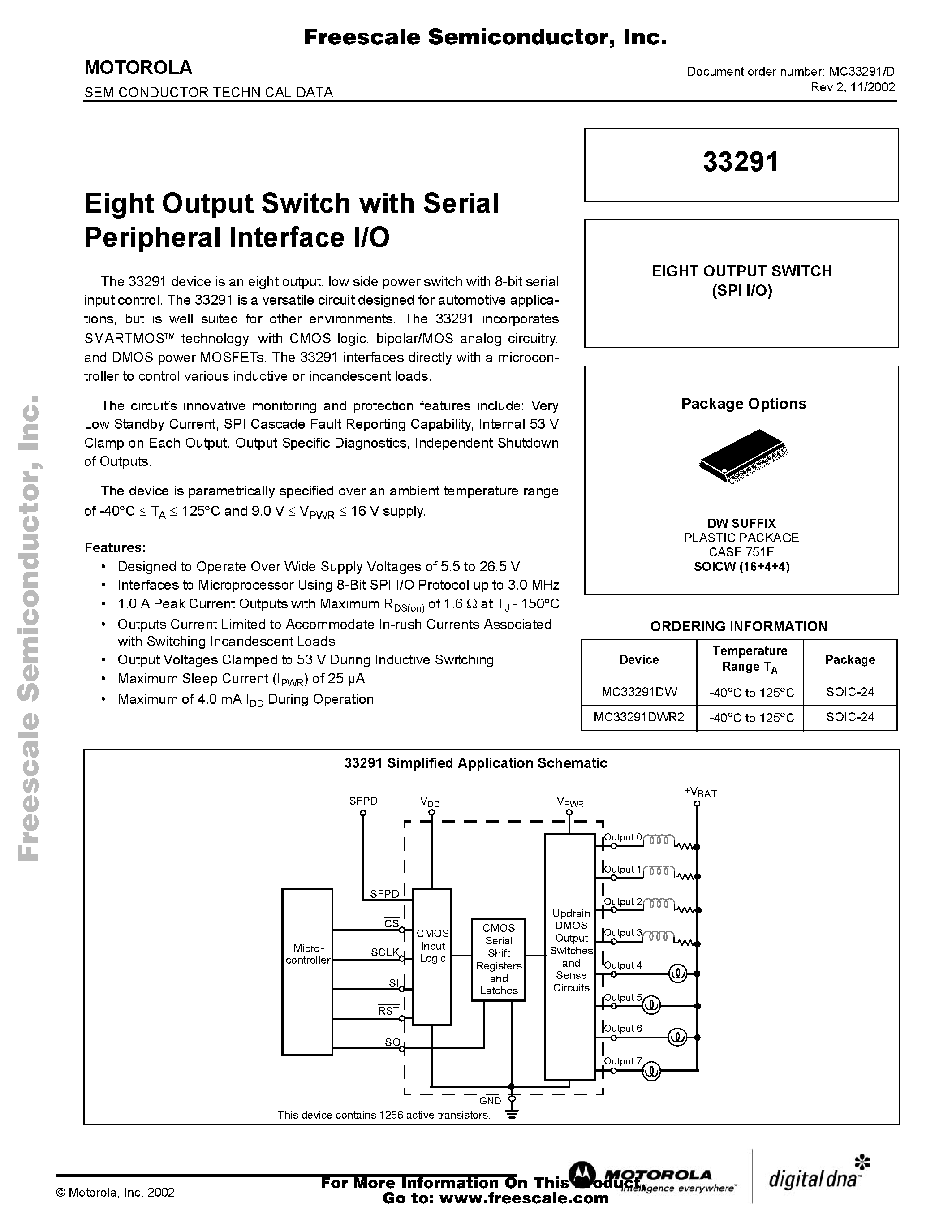 Datasheet MC33291 page 1 Datasheet MC33291 - Eight Output Switch with Serial Peripheral Interface I/O page 1