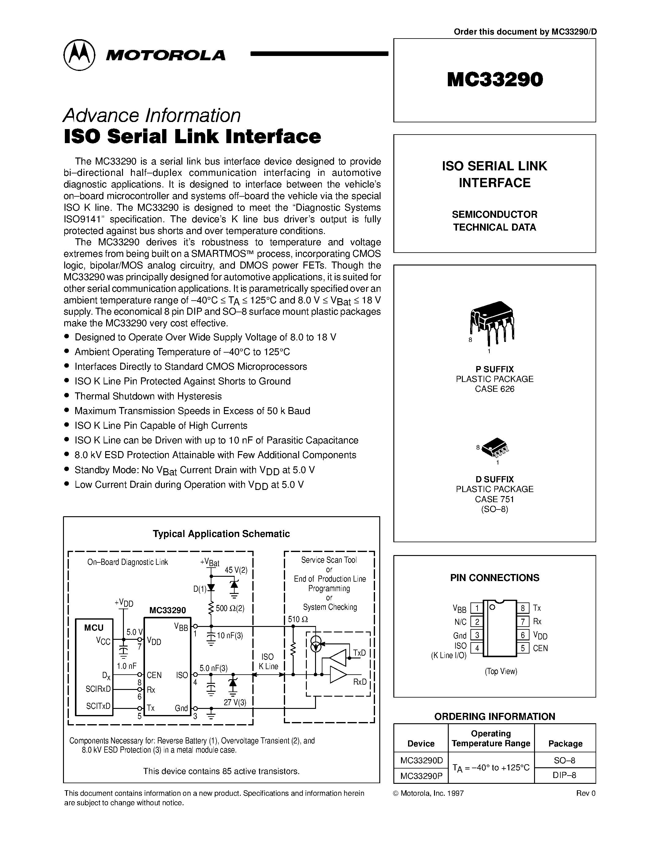 Datasheet MC33290 page 1 Datasheet MC33290 - ISO SERIAL LINK INTERFACE page 1