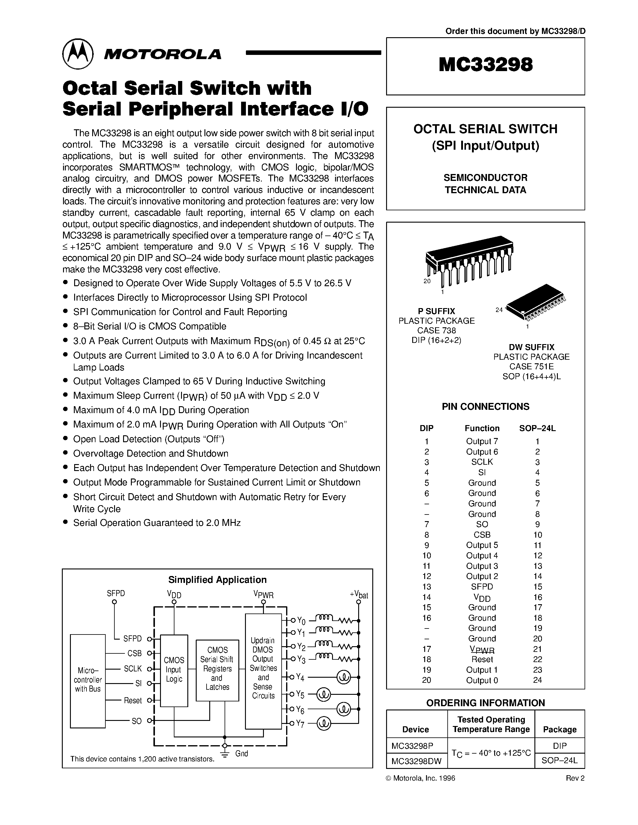 Datasheet MC33298 page 1 Datasheet MC33298 - OCTAL SERIAL SWITCH (SPI Input/Output) page 1