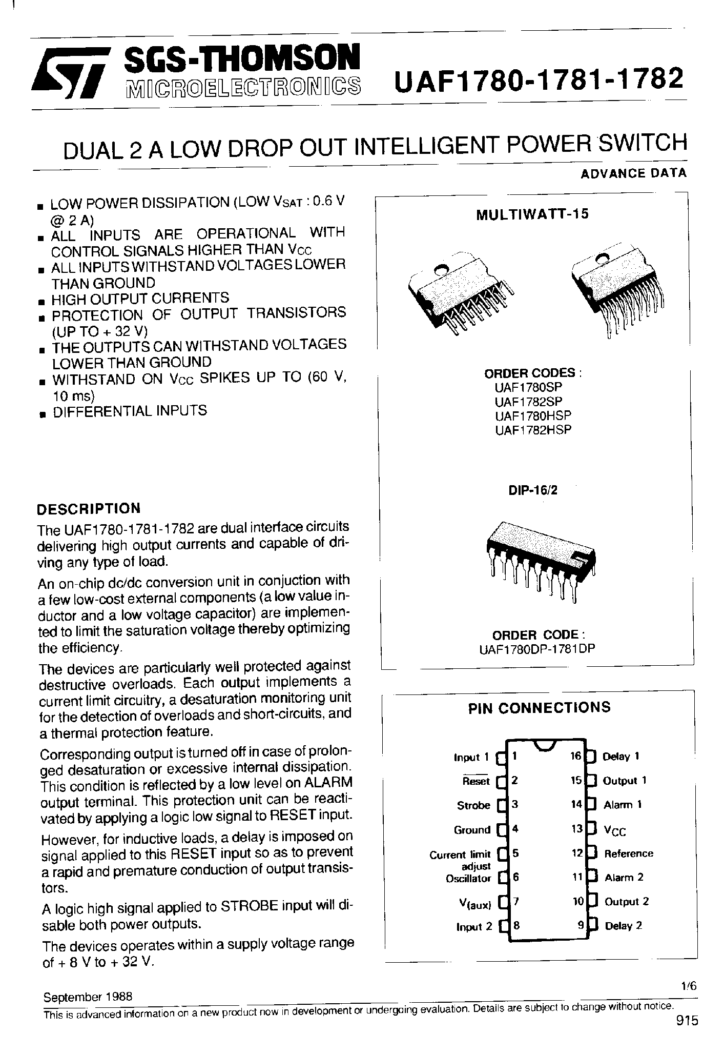 Datasheet UAF1780 - (UAF1780 - UAF1782) DUAL 2A LOW DROP OUT INTELLIGENT POWER SWITCH page 1
