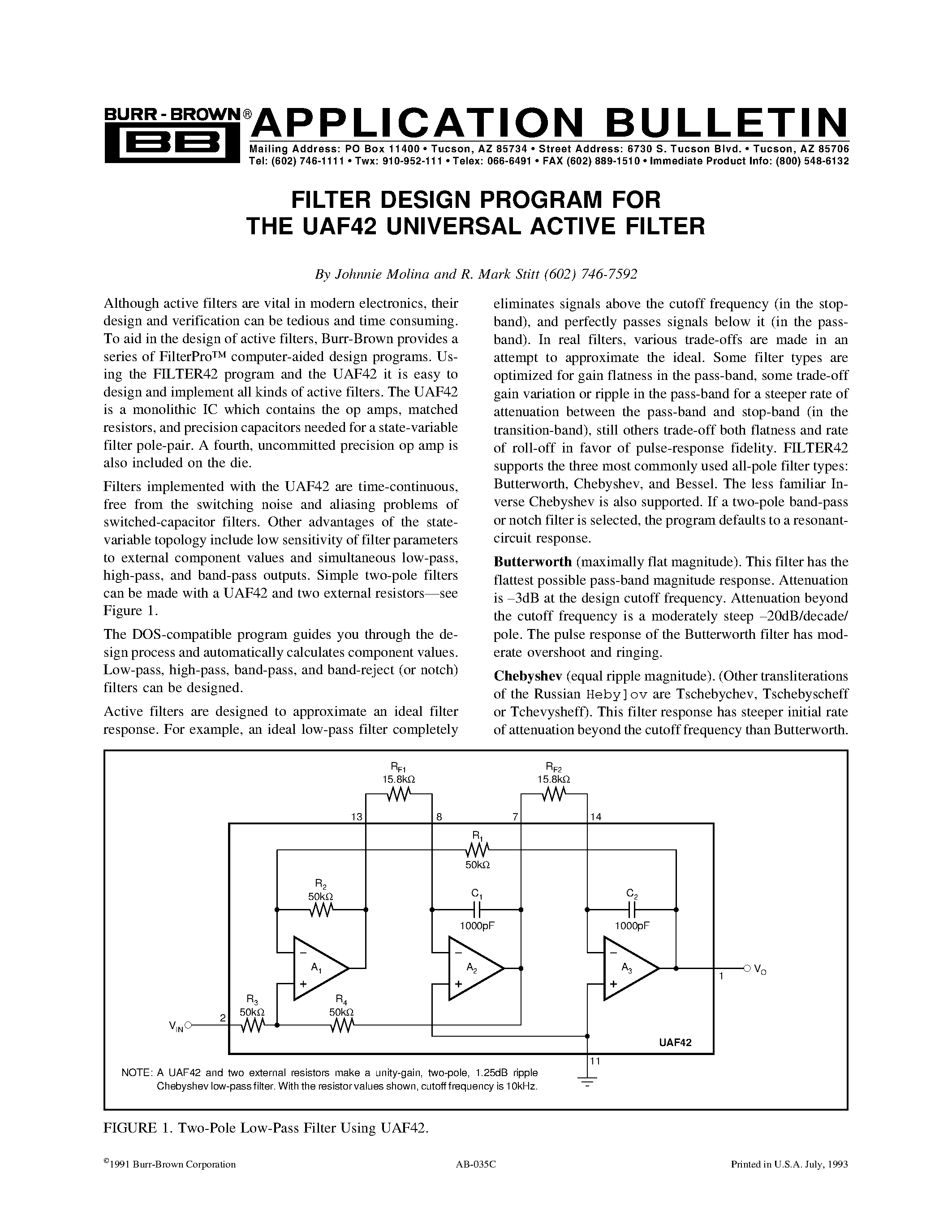 Datasheet UAF42 page 1 Datasheet UAF42 - UNIVERSAL ACTIVE FILTER page 1