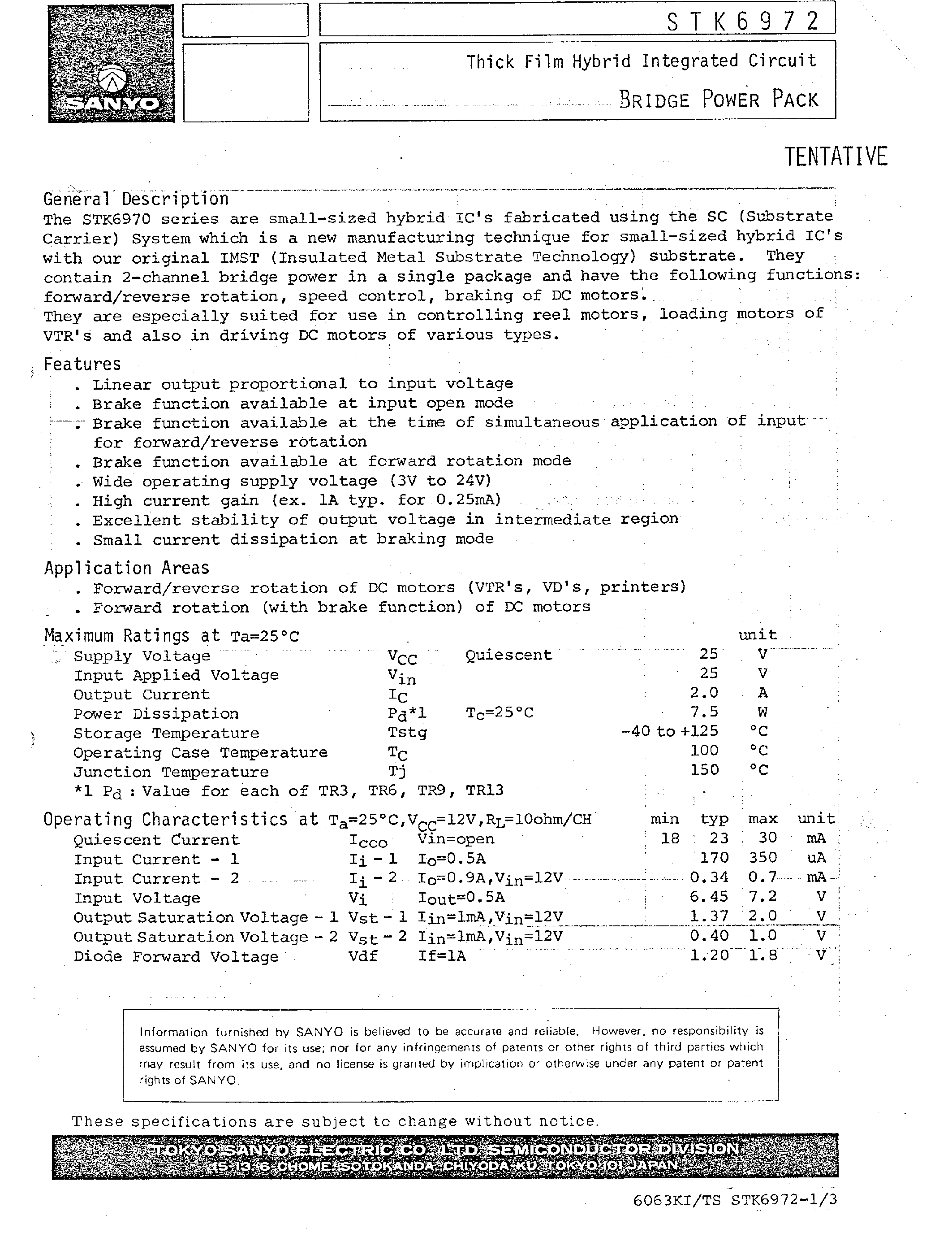 Datasheet STK6972 page 1 Datasheet STK6972 - Thick Film Hybrid Integrated Circuit BRIDGE POWER PACK page 1