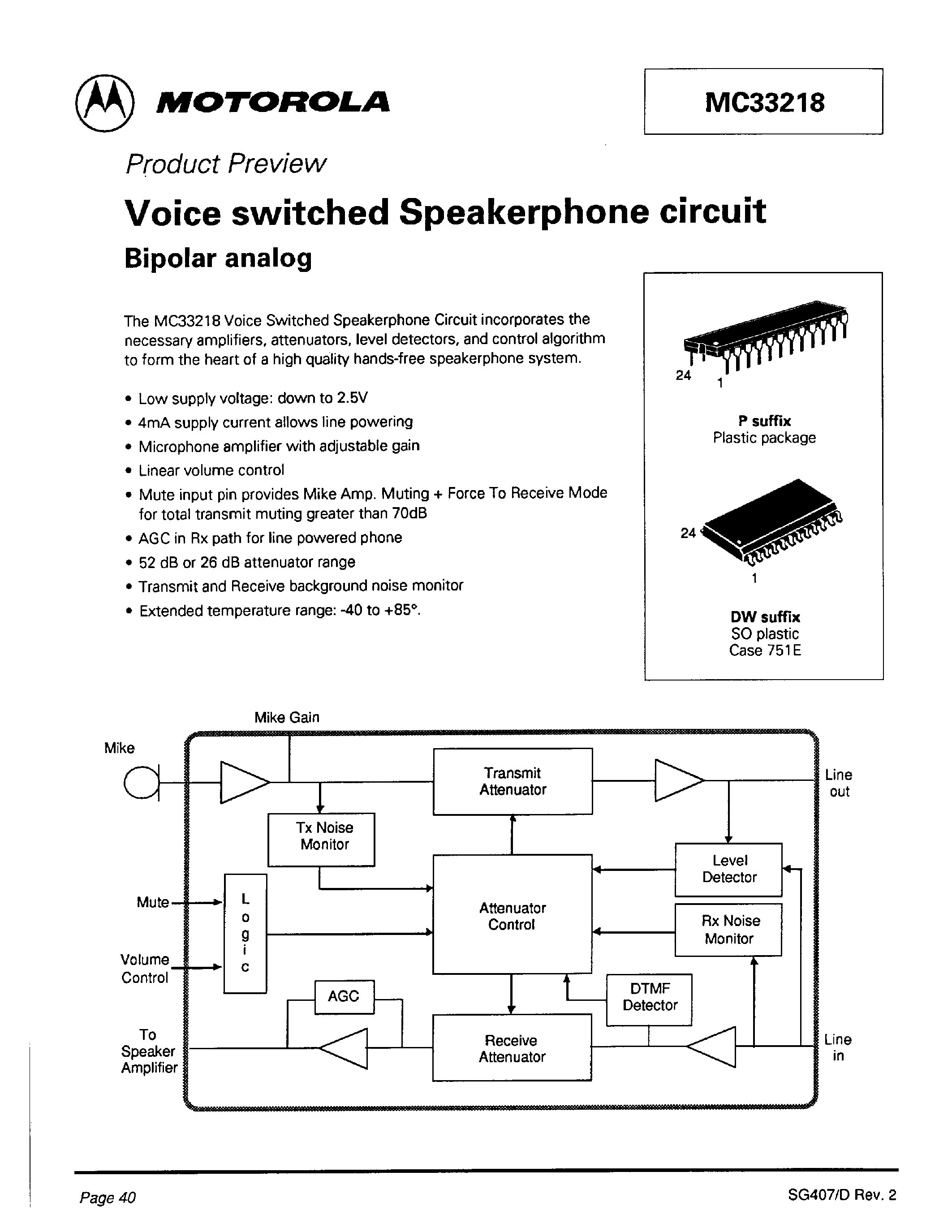 Даташит MC33218 - Voice switched Speakerphone circuit Bipolar analog страница 1
